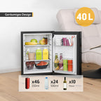 Mini Kühlschrank 40L lautlos, Glasfront, wechselbarer Türanschlag, Innenbeleuchtung, für Camping, Büro, Hotel