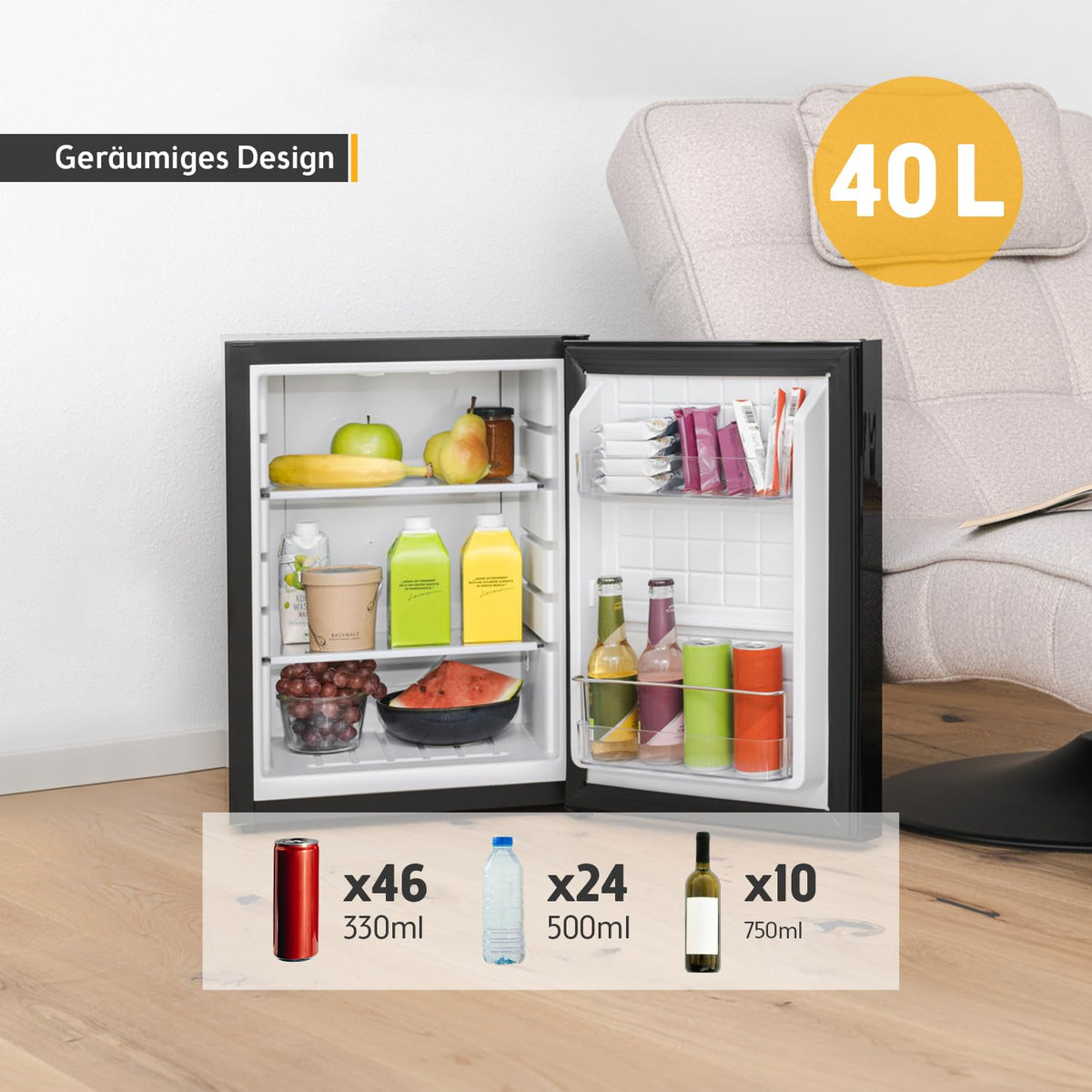 Mini Kühlschrank 40L lautlos, Glasfront, wechselbarer Türanschlag, Innenbeleuchtung, für Camping, Büro, Hotel