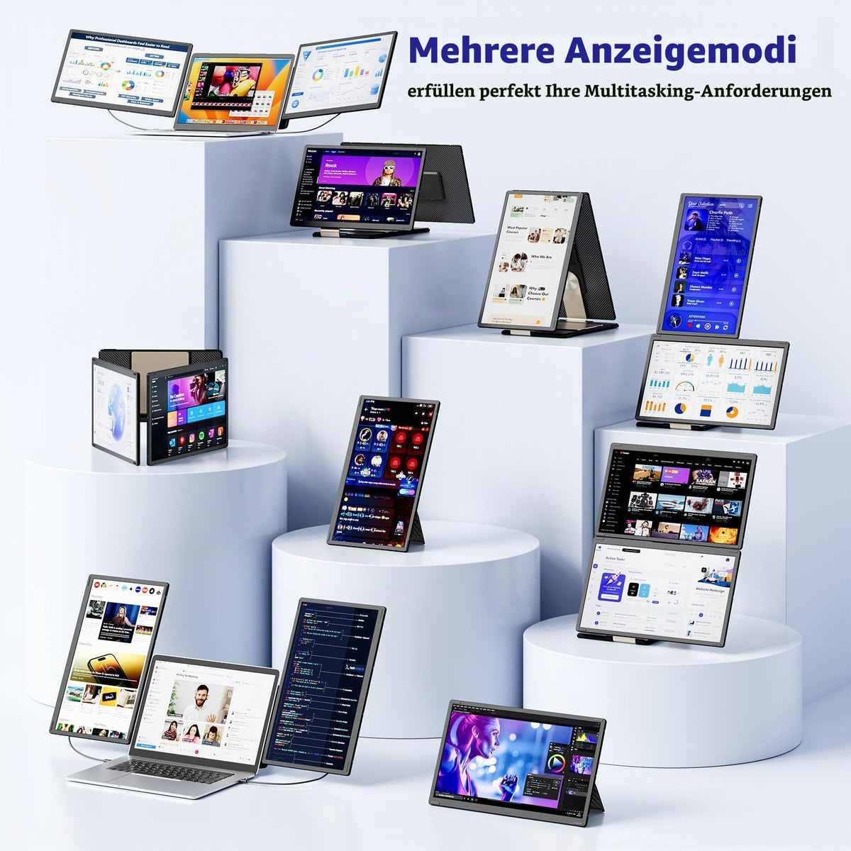 15.6” 1080P FHD Triple Laptop Monitor Erweiterung, Um 235° Drehbarer, Abnehmbarer Dreifach-Bildschirm für 13-17,3” Laptops