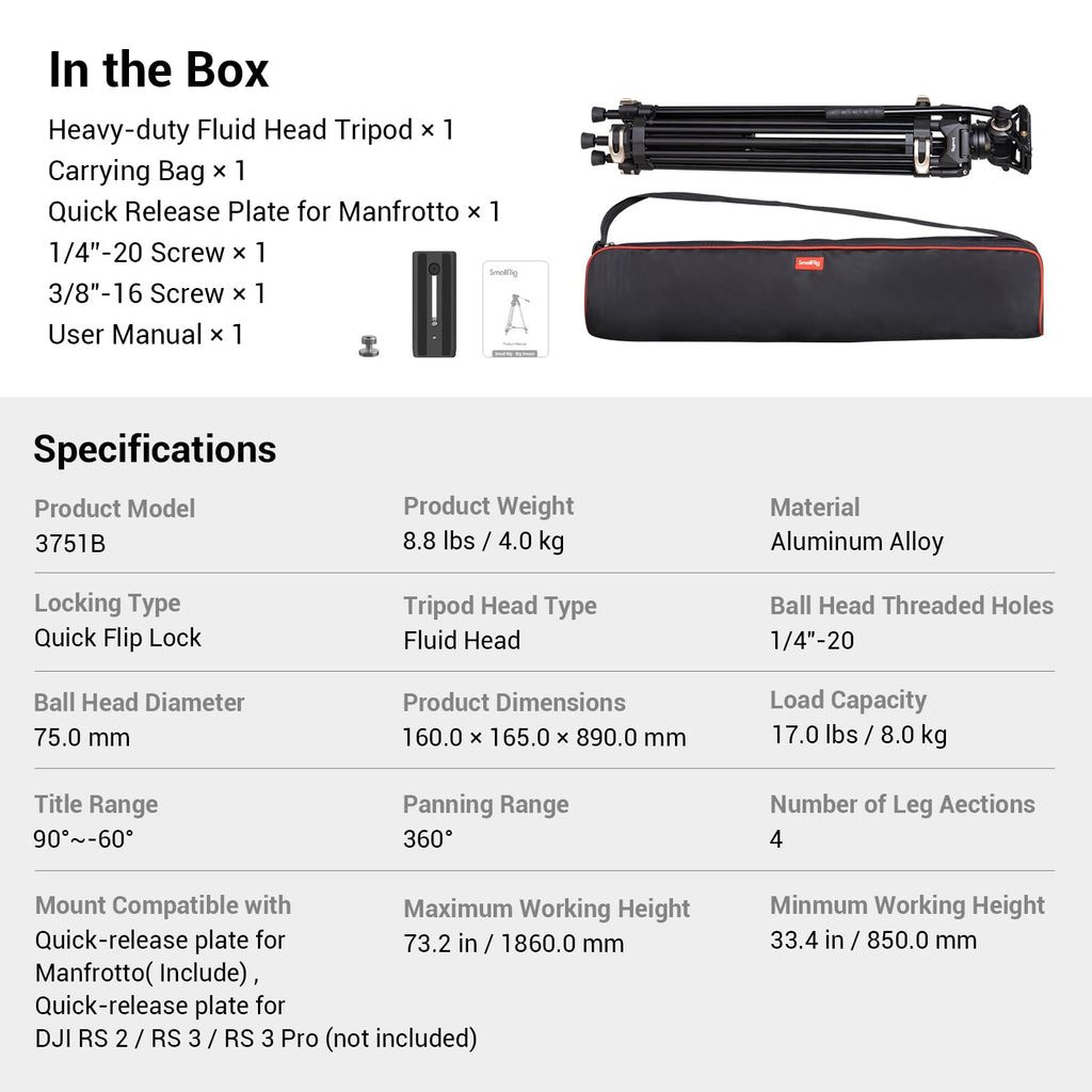 Videostativ Heavy Duty 186 cm 360 Grad Fluidkopf Schnellwechselplatte für DSLR Camcorder Kameras 8 kg 3751B