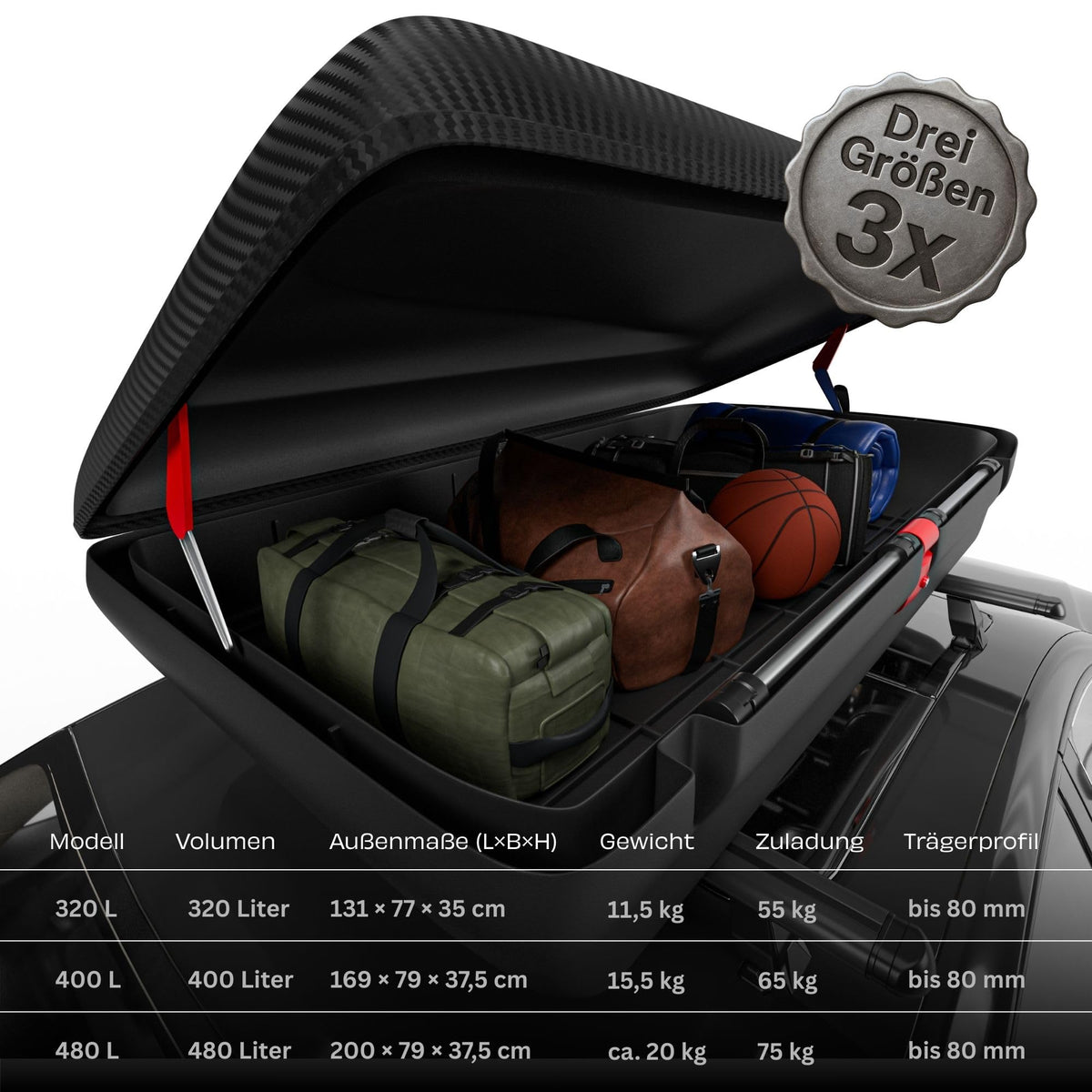 Dachbox BA320 320 Liter Carbonlook Dachkoffer Autobox mit Zentralverriegelung aerodynamisch für Auto