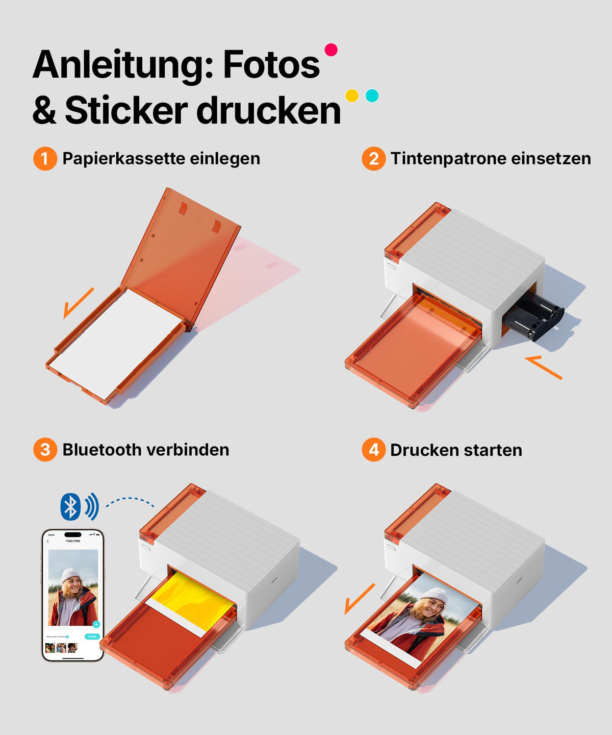 Amber M110 Mini Fotodrucker für Smartphone, Bluetooth, Thermosublimation, 60 Blatt 10x15 Papier, 2 Farbbänder