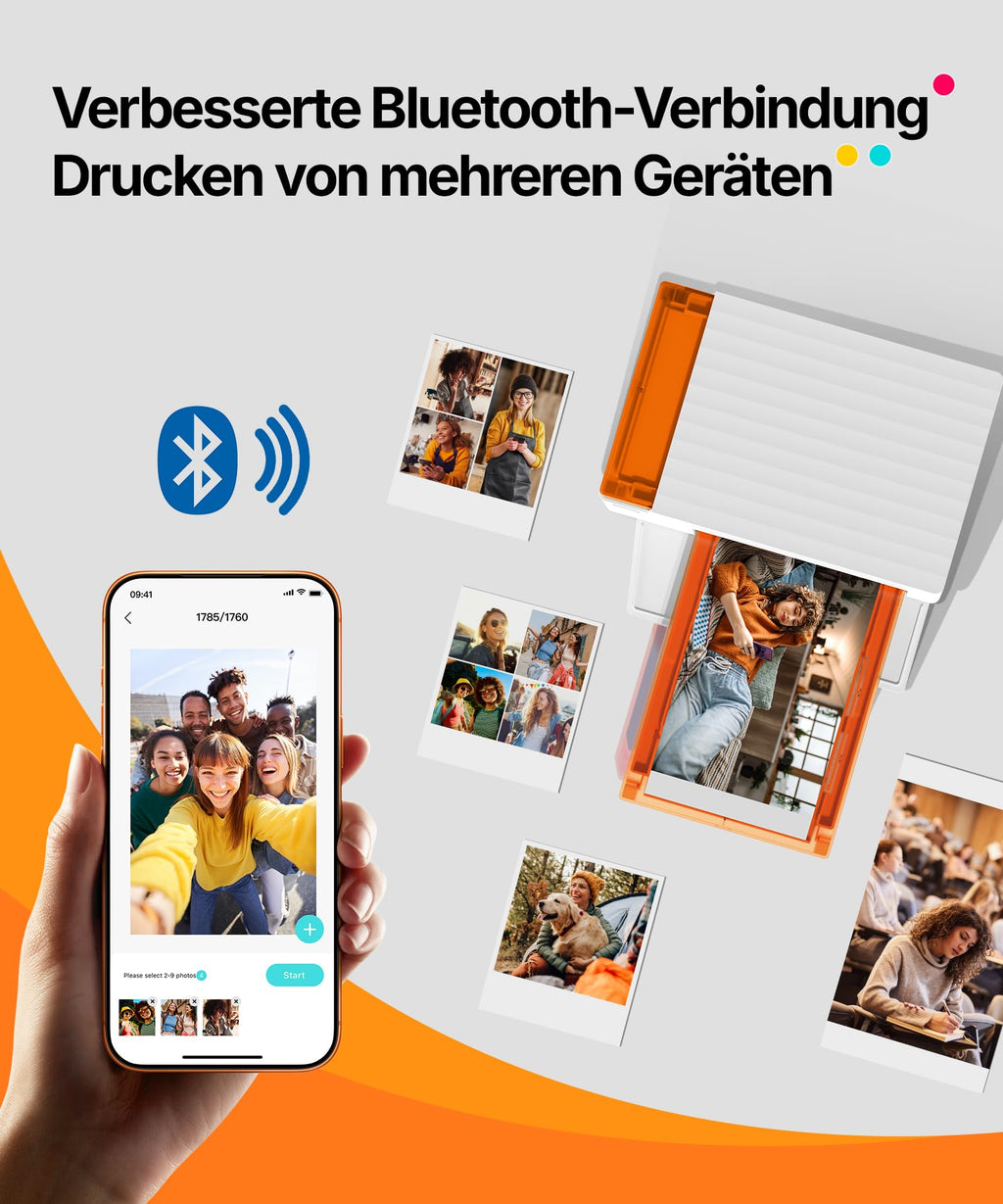 Amber M110 Mini Fotodrucker für Smartphone, Bluetooth, Thermosublimation, 60 Blatt 10x15 Papier, 2 Farbbänder