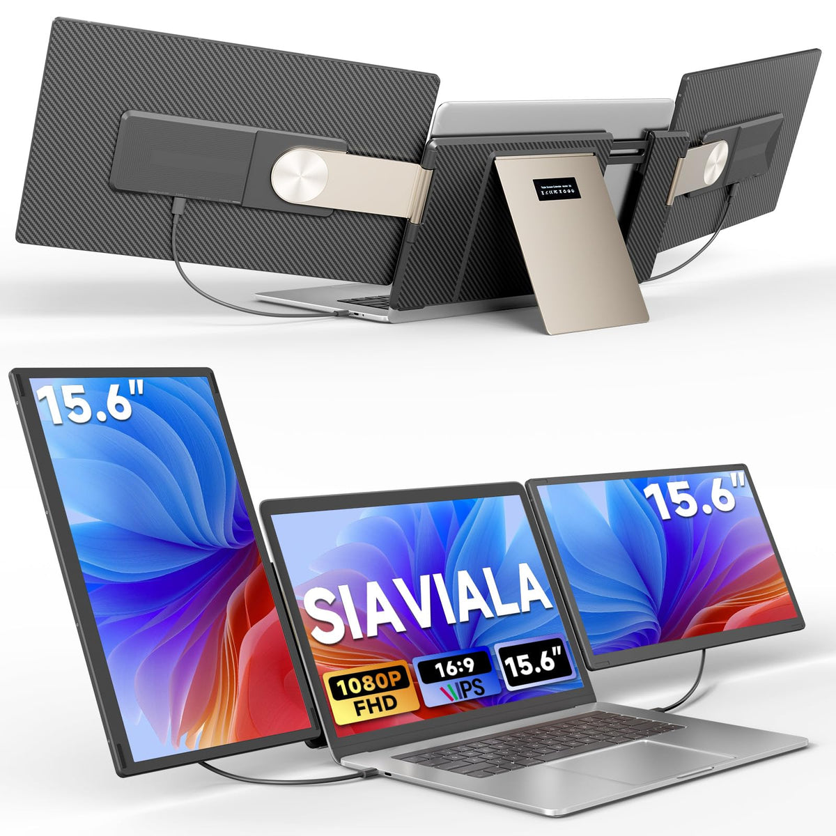 15.6” 1080P FHD Triple Laptop Monitor Erweiterung, Um 235° Drehbarer, Abnehmbarer Dreifach-Bildschirm für 13-17,3” Laptops