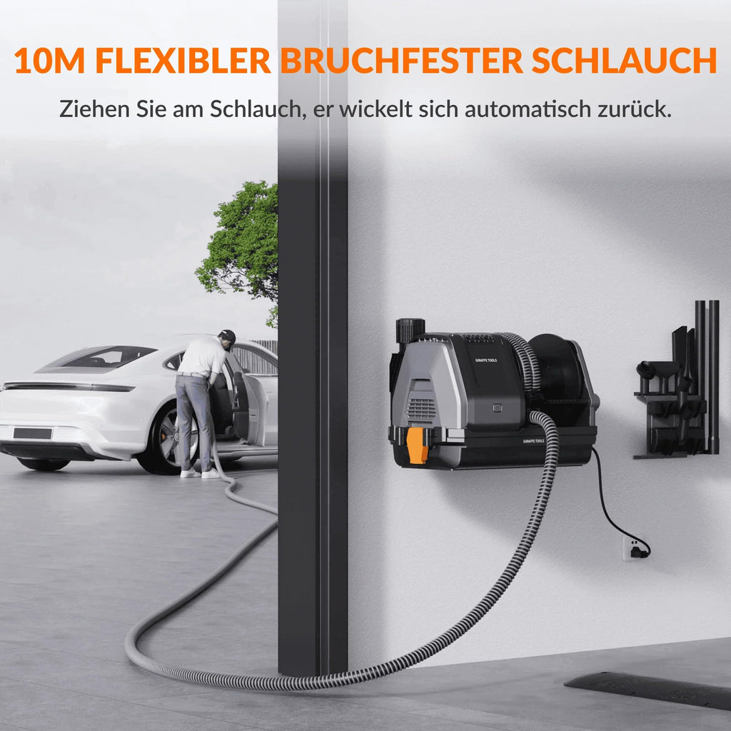 Grandstorm einziehbarer Staubsauger 10m knickfester Schlauch Wandmontage 6 Düsen Garage Fernbedienung Schwarz