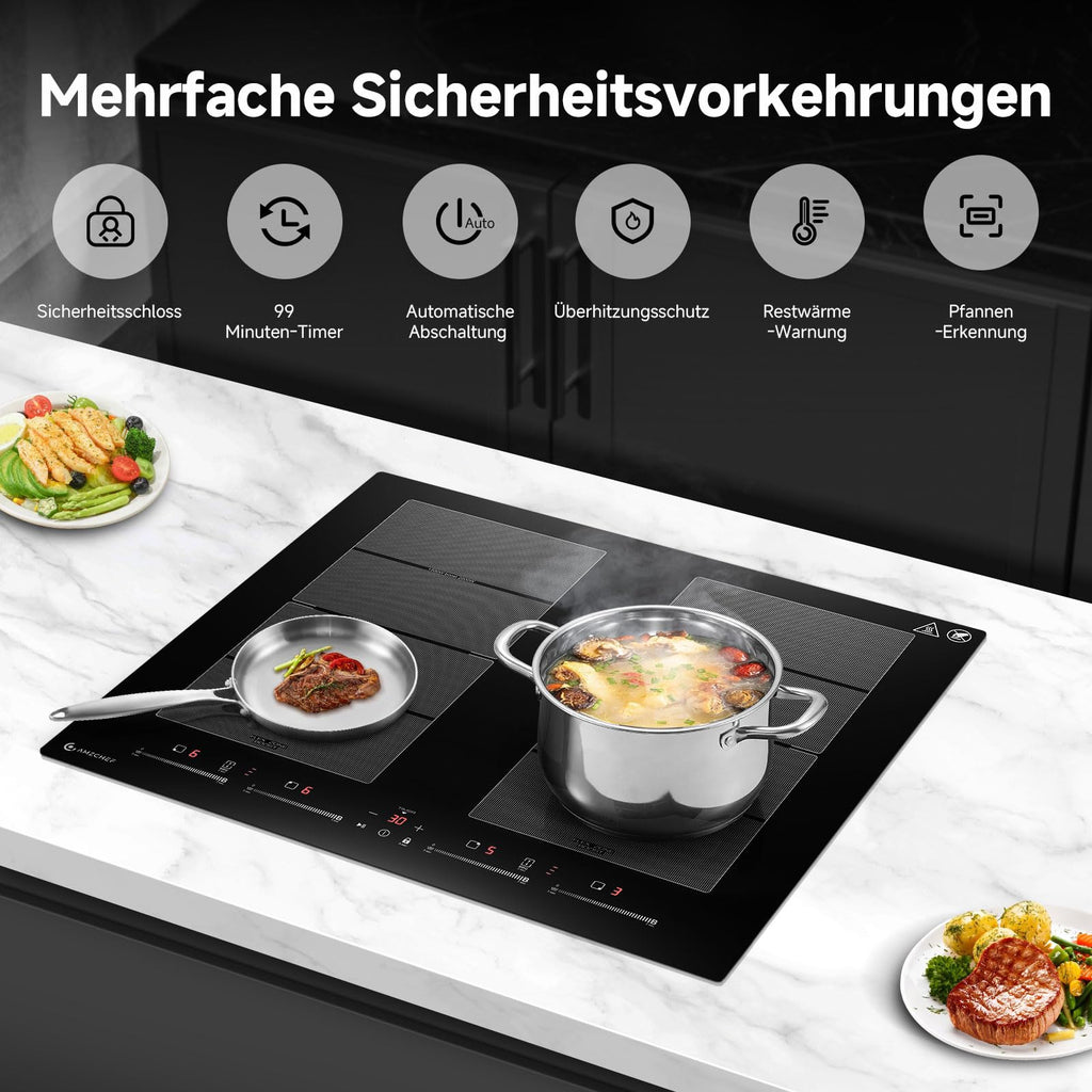 Induktionskochfeld 60 cm mit 2 Flexzonen und Booster für schnelles Aufheizen aus Glaskeramik