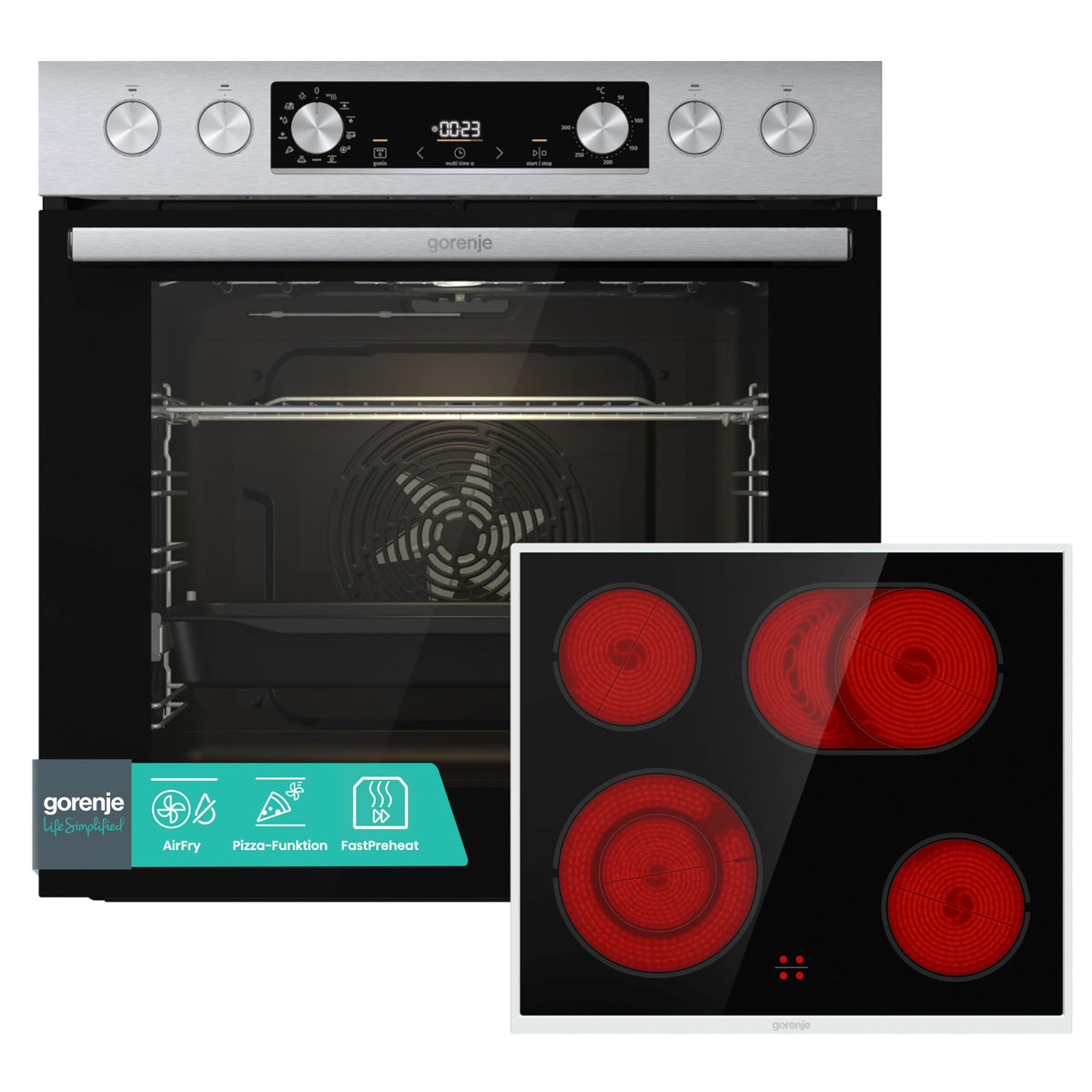 Einbauherdset Inox Glaskeramikkochfeld 77L Heißluft ExtraSteam EcoClean AirFry PizzaMode Energieklasse A