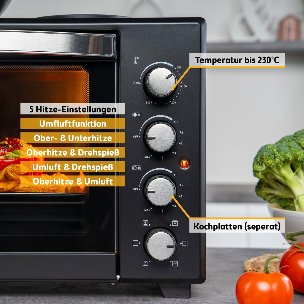 Minibackofen mit Kochplatten 45L 3200W bis 230°C Antihaftbeschichtung 4 Einschubhöhen Zubehör Energieklasse A+