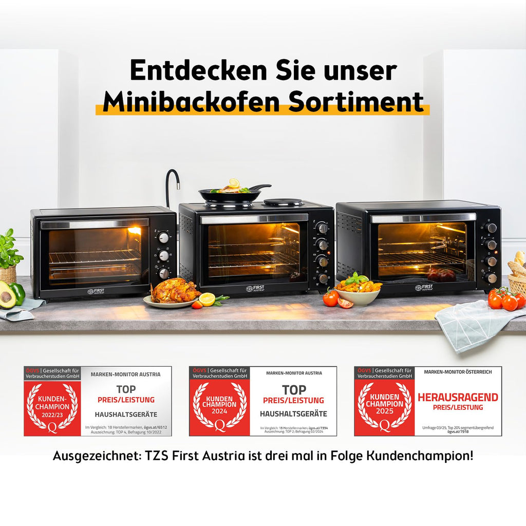 Minibackofen mit Kochplatten 45L 3200W bis 230°C Antihaftbeschichtung 4 Einschubhöhen Zubehör Energieklasse A+
