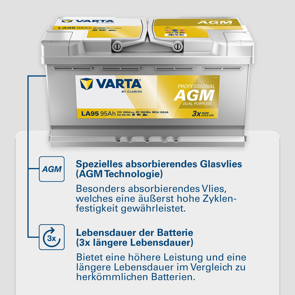 Professional Dual Purpose AGM Batterie LA95 12V 95Ah 850A, wartungsfrei, für Wohnmobile, Wohnwagen, Boote