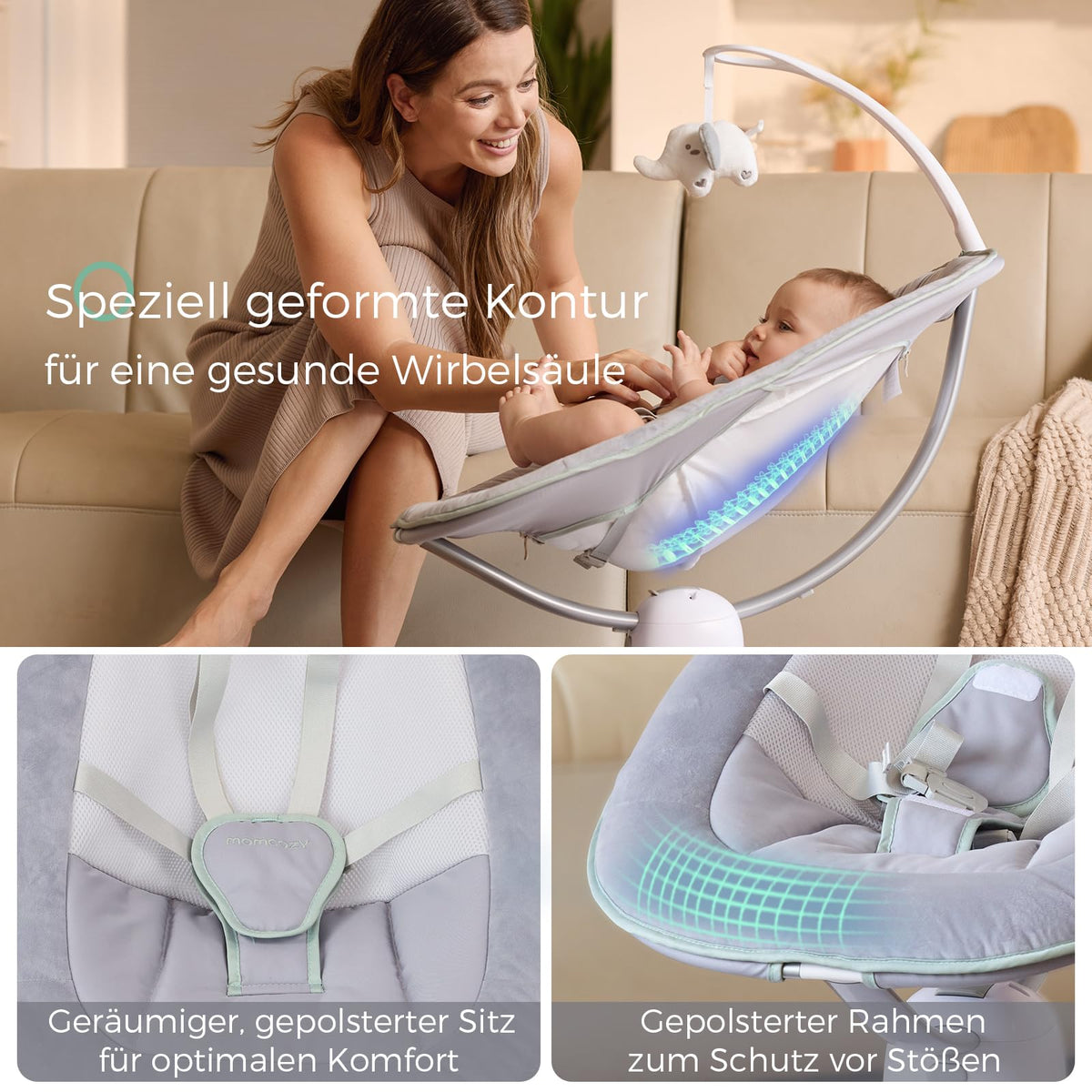 CocoSway elektrische Babywippe 3D Motion 6 Bewegungen 4 Stufen Fernbedienung 8 Wiegenlieder