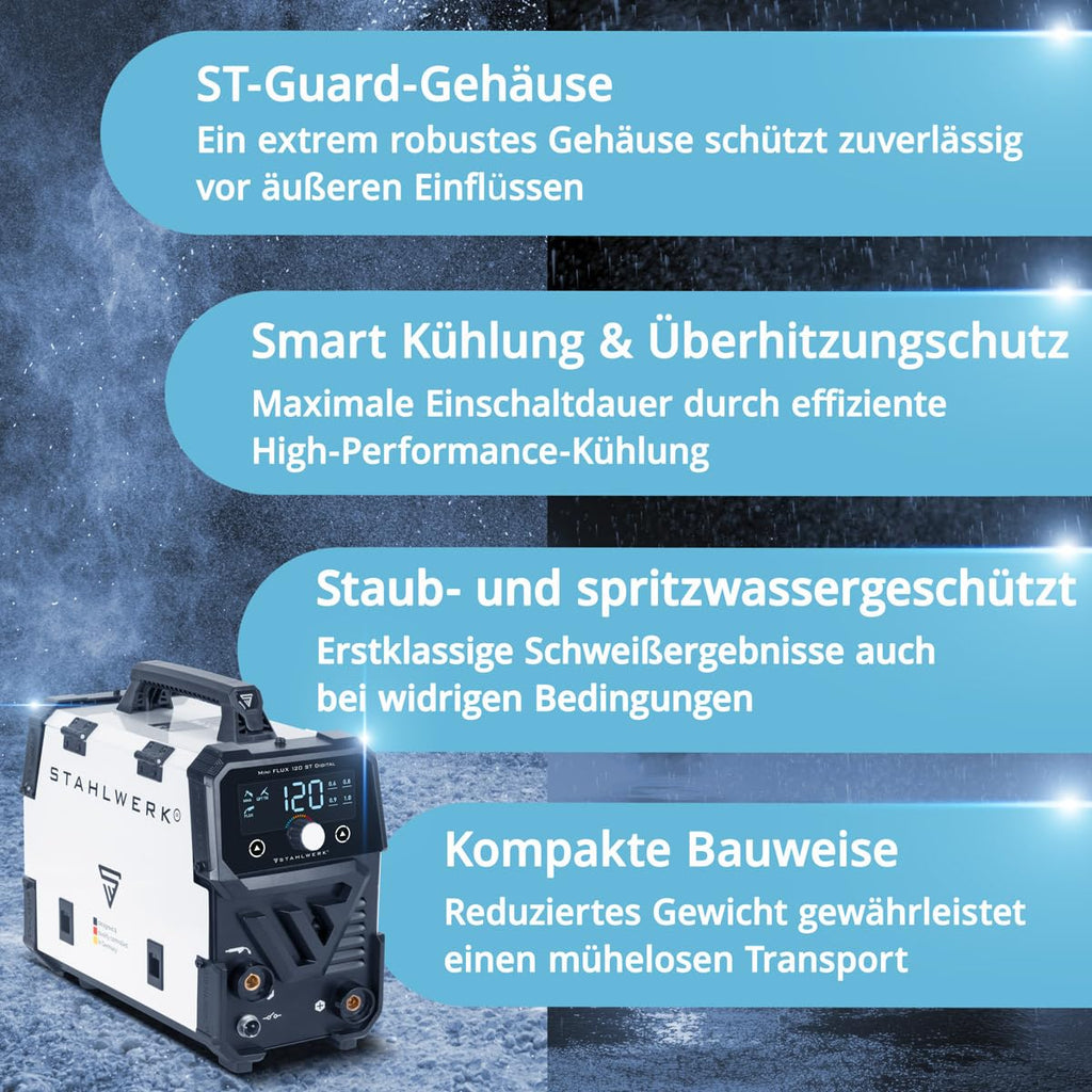 Mini FLUX 120 ST Digital Inverter Schweißgerät für gaslosen Fülldraht Vollausstattung bis 120 A
