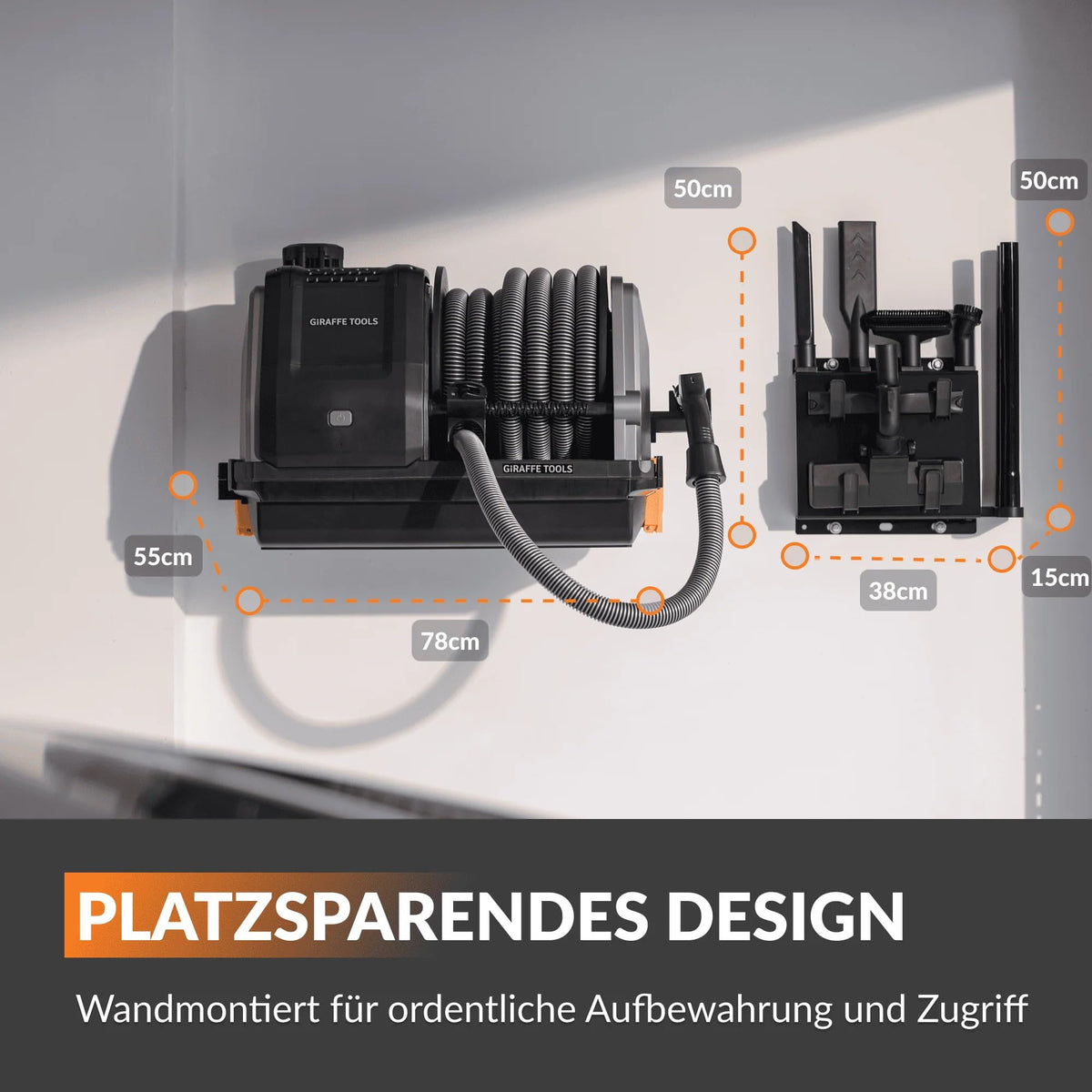 Grandstorm einziehbarer Staubsauger 10m knickfester Schlauch Wandmontage 6 Düsen Garage Fernbedienung Schwarz