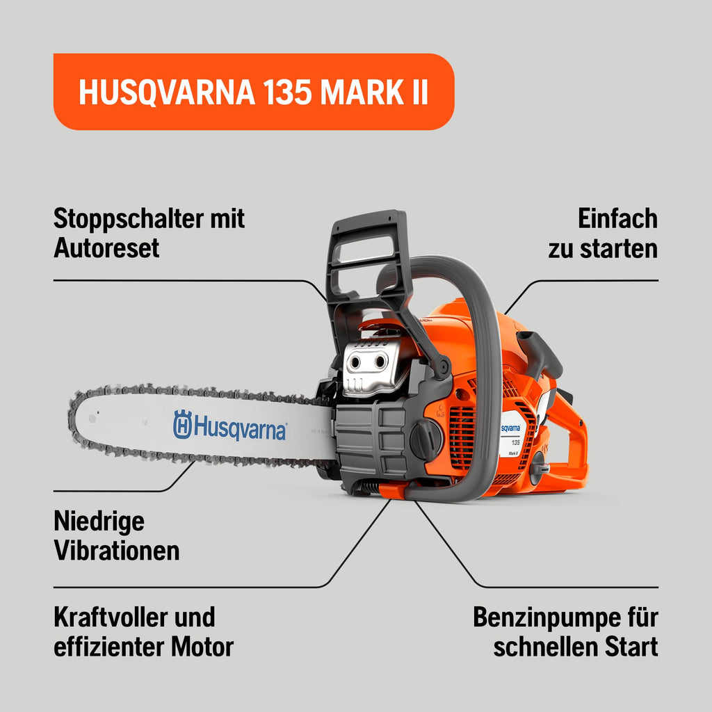 Leistungsstarke Benzinkettensäge 135 Mark II mit 38 cc X-Torq Motor und 14 Zoll Schwert für Brennholz