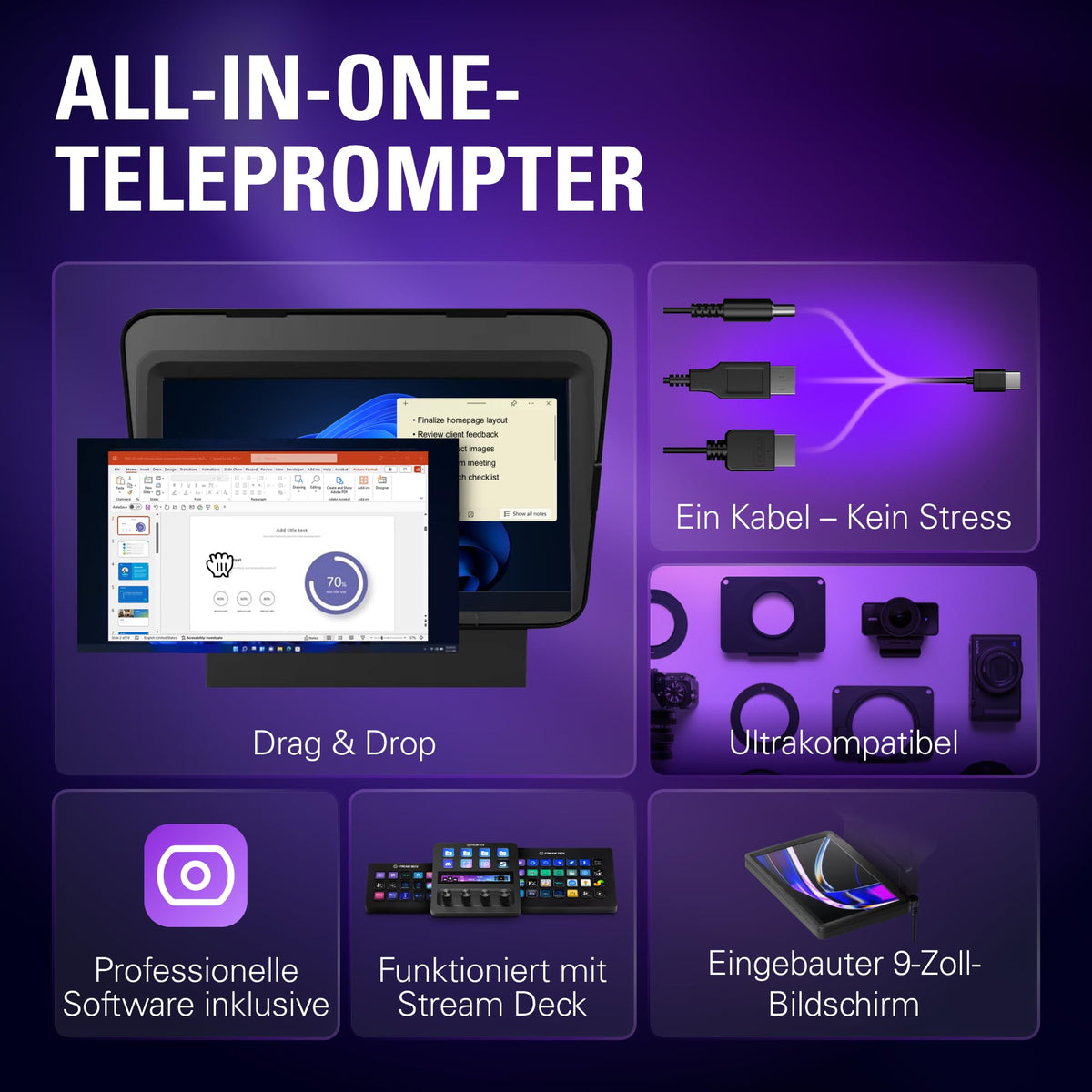 Teleprompter mit integriertem Bildschirm für Videoaufnahmen und Livestreaming mit Kamera und Smartphone