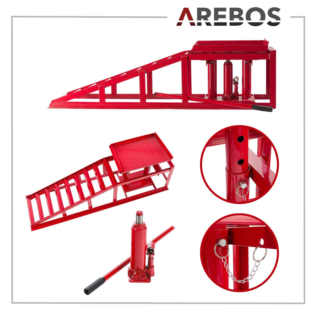 2X Auffahrrampe mit hydraulischem Wagenheber höhenverstellbar 2 Tonnen für Auto und Werkstatt