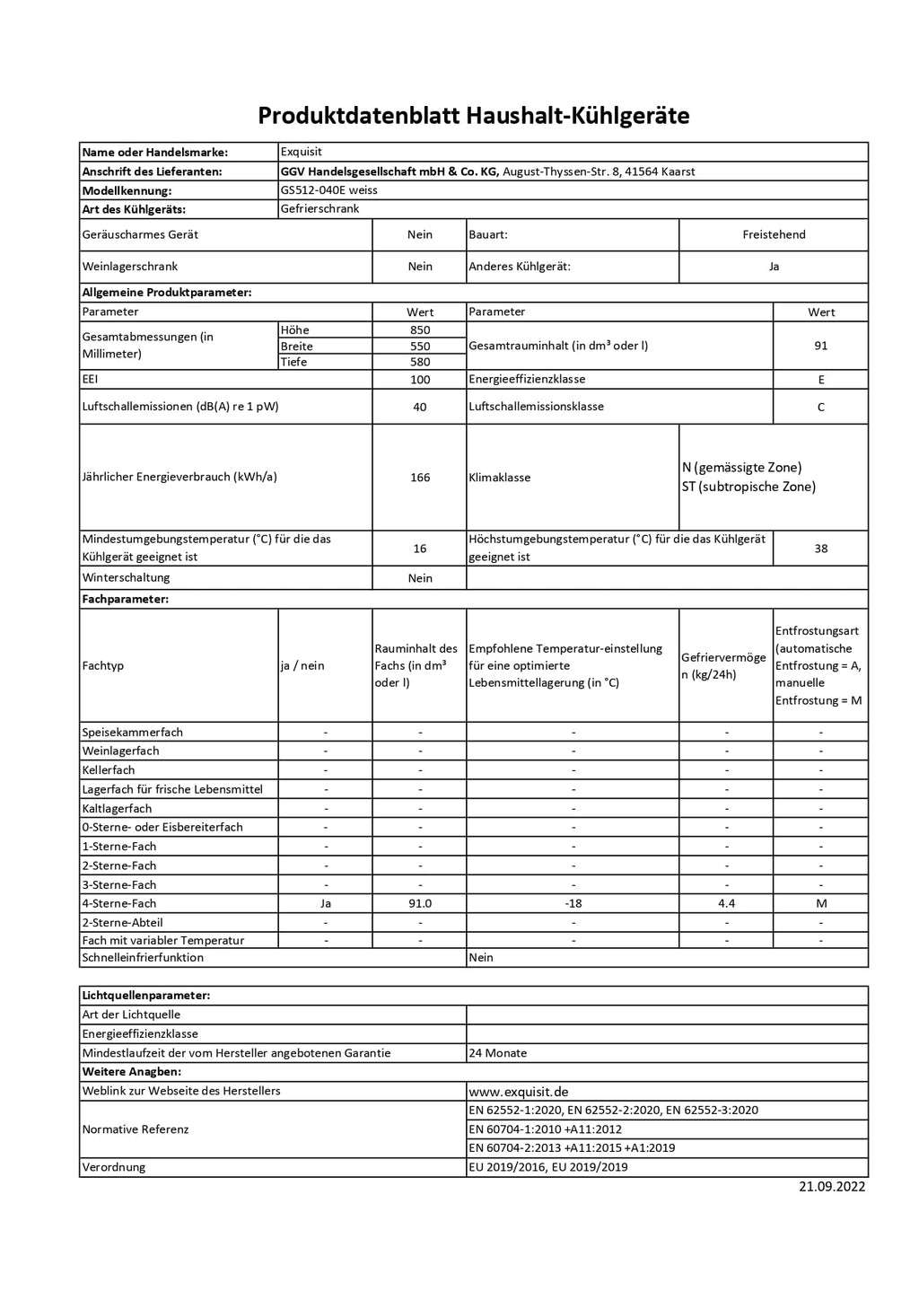 GS512040E Gefrierschrank Tiefkühlschrank 91 Liter Nutzinhalt klein in Weiß Energieeffizienzklasse E