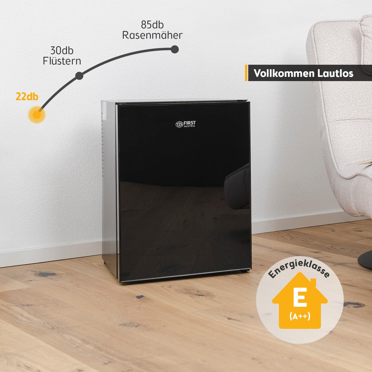 Mini Kühlschrank 40L lautlos, Glasfront, wechselbarer Türanschlag, Innenbeleuchtung, für Camping, Büro, Hotel