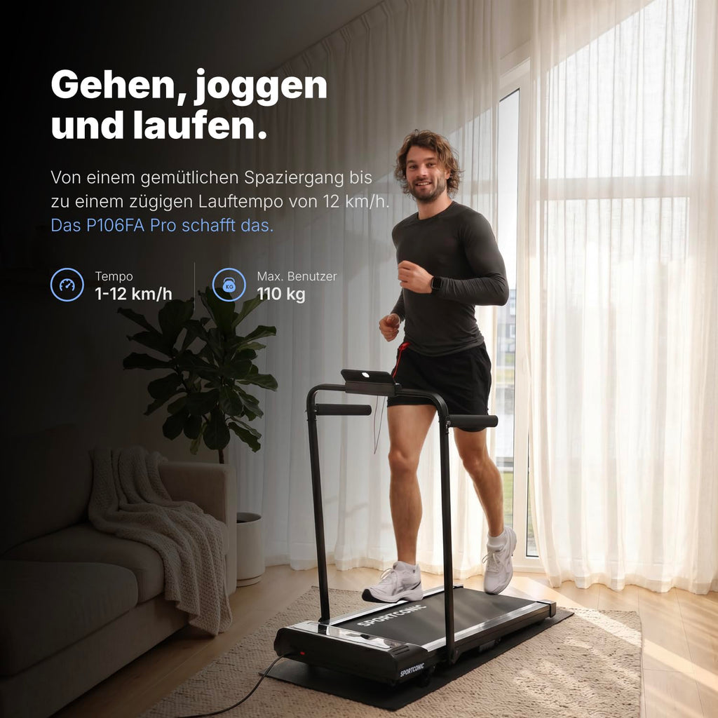 Laufband 1 bis 12 km/h elektrisch, klappbar mit Steigung und Tablethalterung, leise im Homeoffice, Walking Pad
