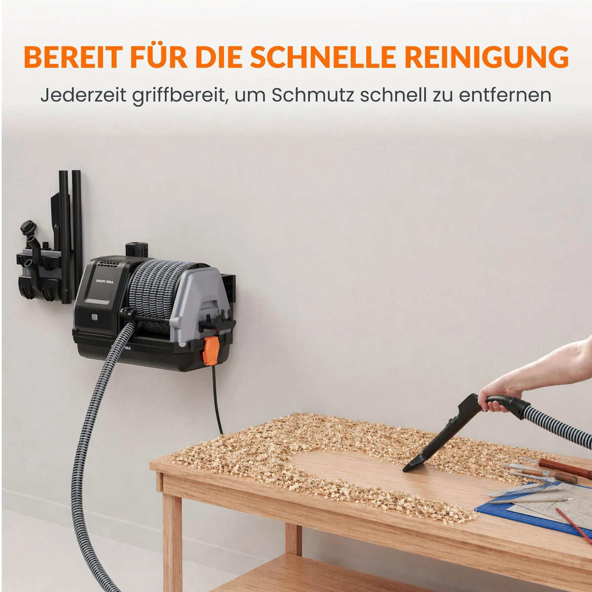 Grandstorm einziehbarer Staubsauger 10m knickfester Schlauch Wandmontage 6 Düsen Garage Fernbedienung Schwarz