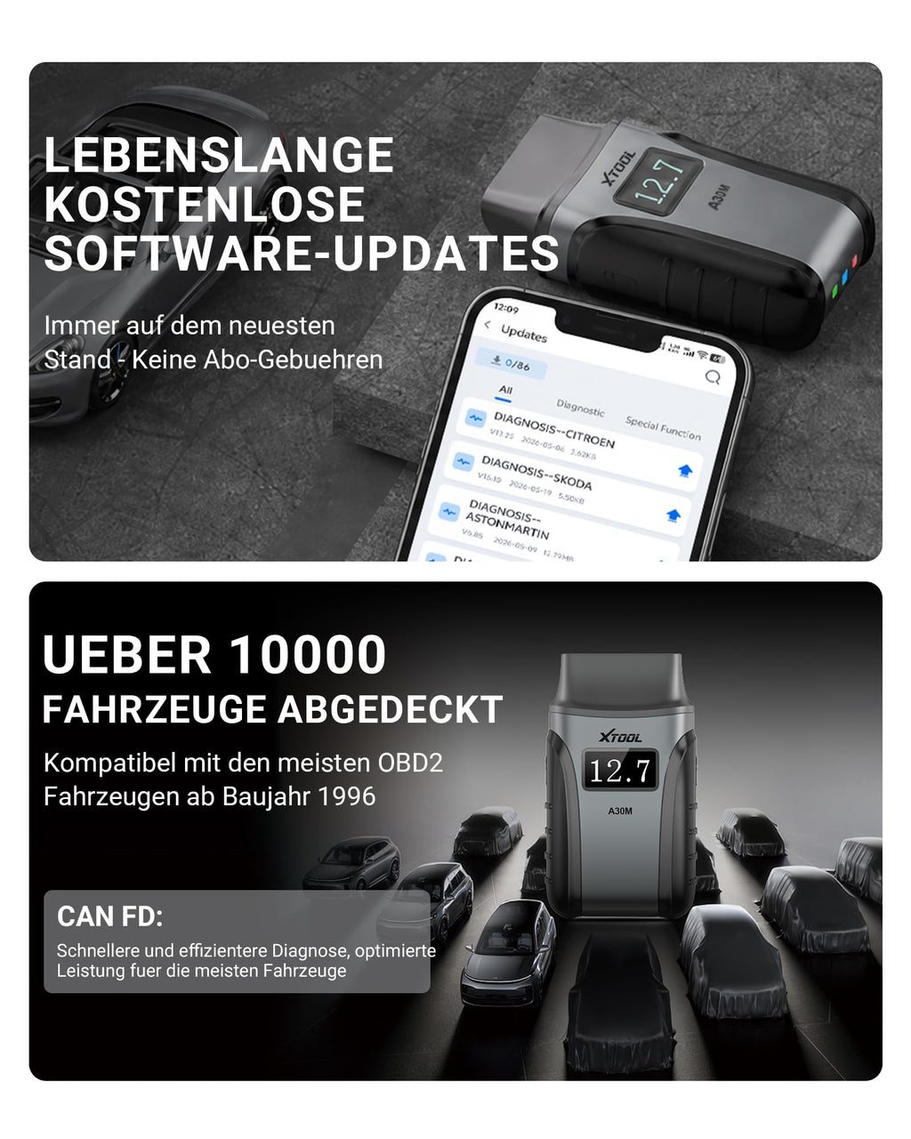 OBD2 Diagnosegerät A30M bidirektional kabellos KI 26+ Resets Öl ABS BMS DPF 8 PID Livedaten iOS Android CAN FD