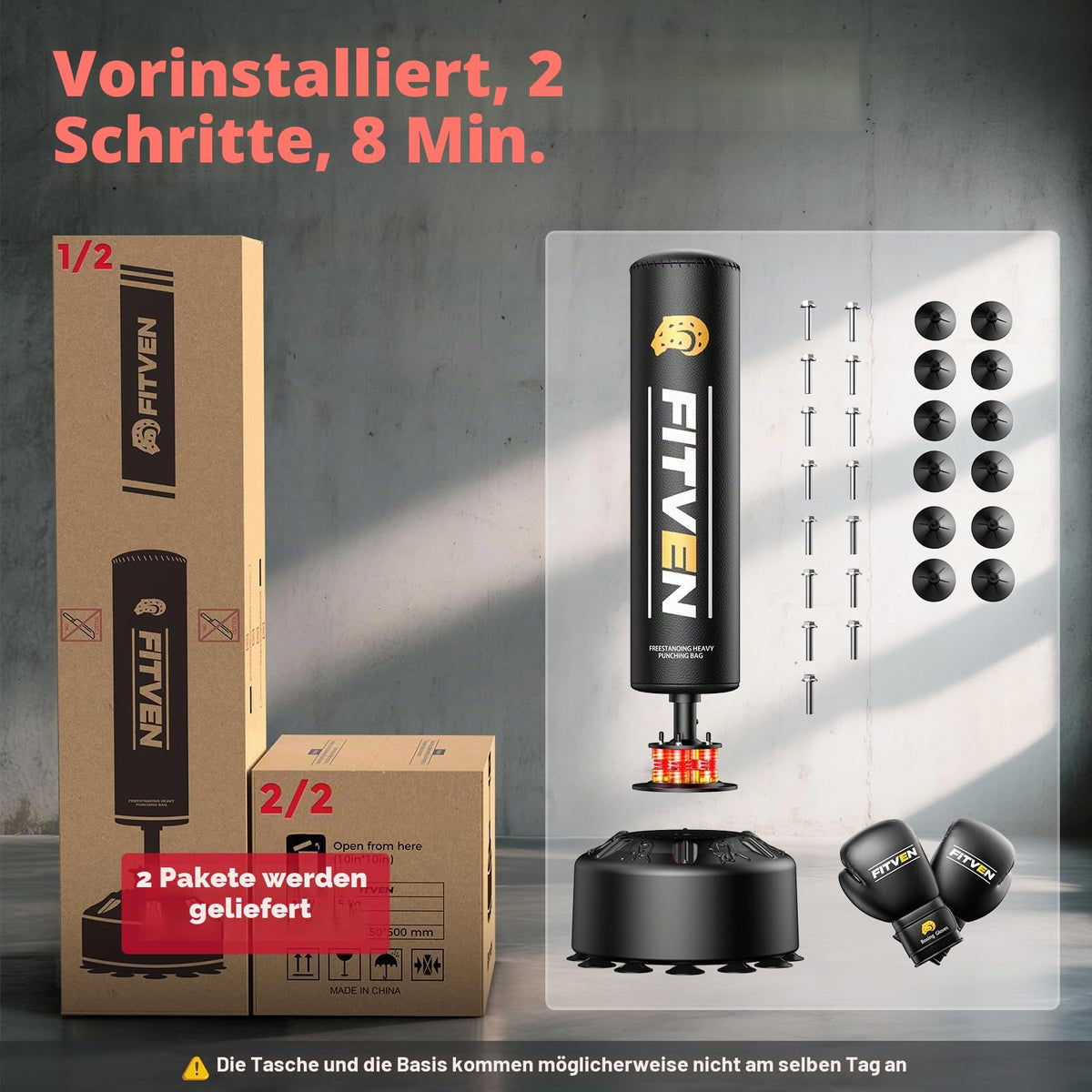 Freistehender Boxsack 100kg 180cm mit Boxhandschuhen und Saugnapf Punching Bag für Zuhause Erwachsene Familie