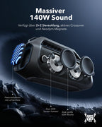 Boom 2 Plus Outdoor Lautsprecher mit 140W Leistung und 2+2 Stereoklang für kraftvollen Sound