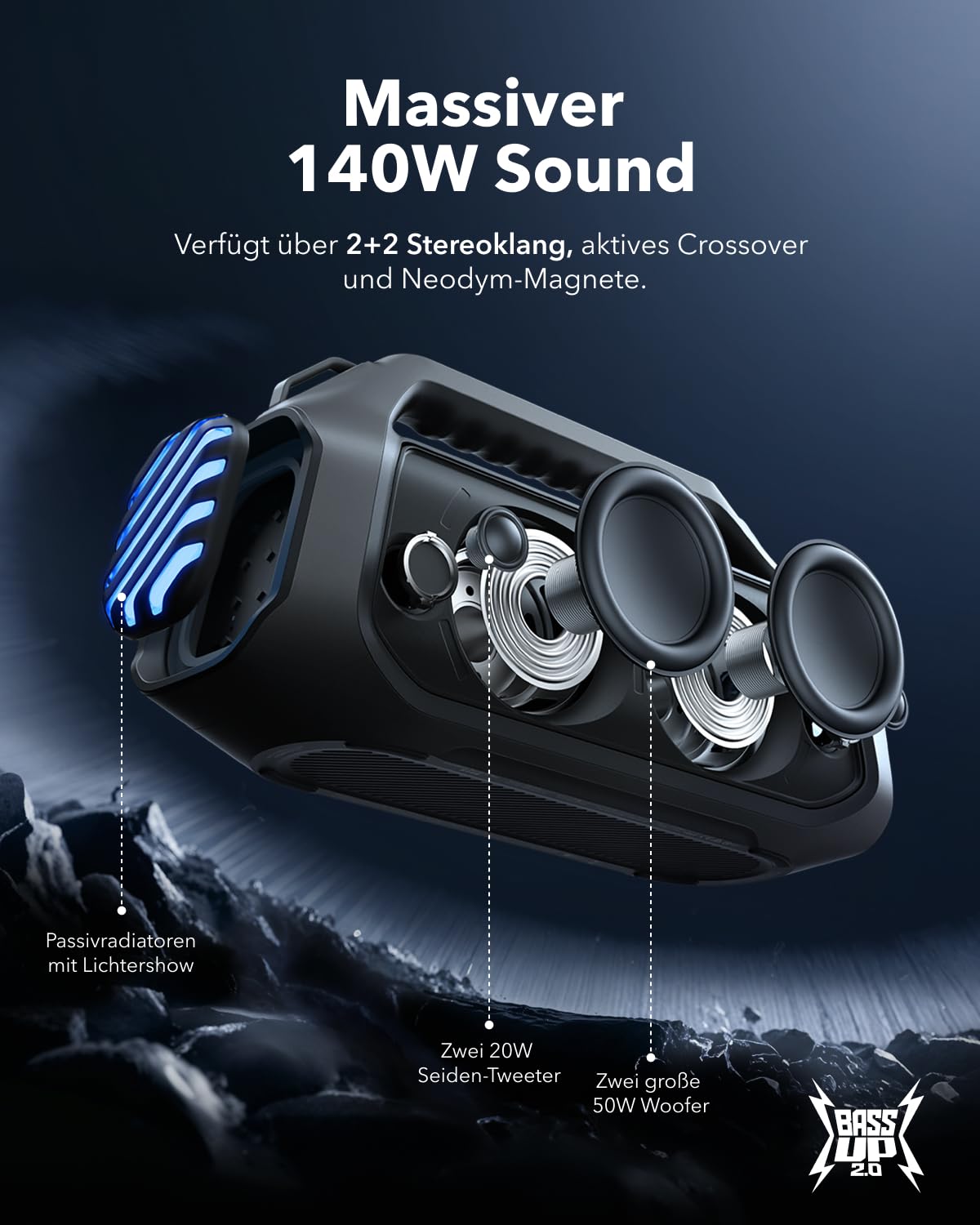 Boom 2 Plus Outdoor Lautsprecher mit 140W Leistung und 2+2 Stereoklang für kraftvollen Sound