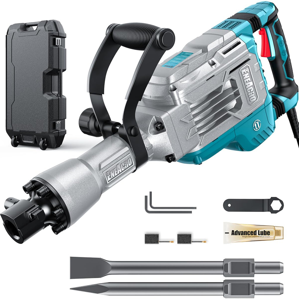 Abbruchhammer 1700W SDS Hex Stemmhammer 65 J Betonbrecher Antivibrationsgriff 2 Meißel Transportbox mit Rollen