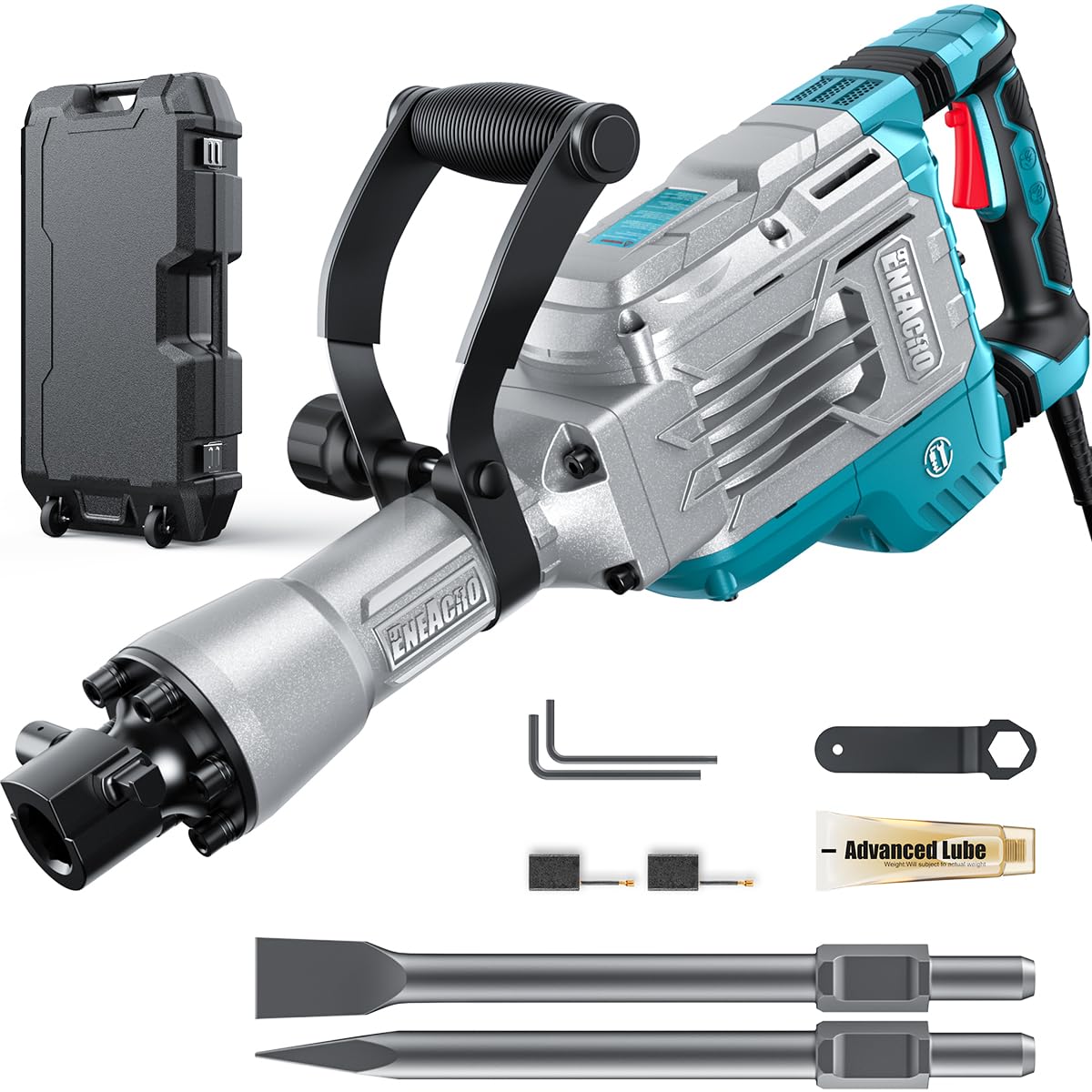 Abbruchhammer 1700W SDS Hex Stemmhammer 65 J Betonbrecher Antivibrationsgriff 2 Meißel Transportbox mit Rollen