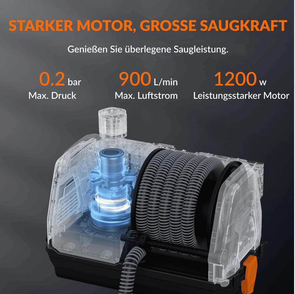 Grandstorm einziehbarer Staubsauger 10m knickfester Schlauch Wandmontage 6 Düsen Garage Fernbedienung Schwarz