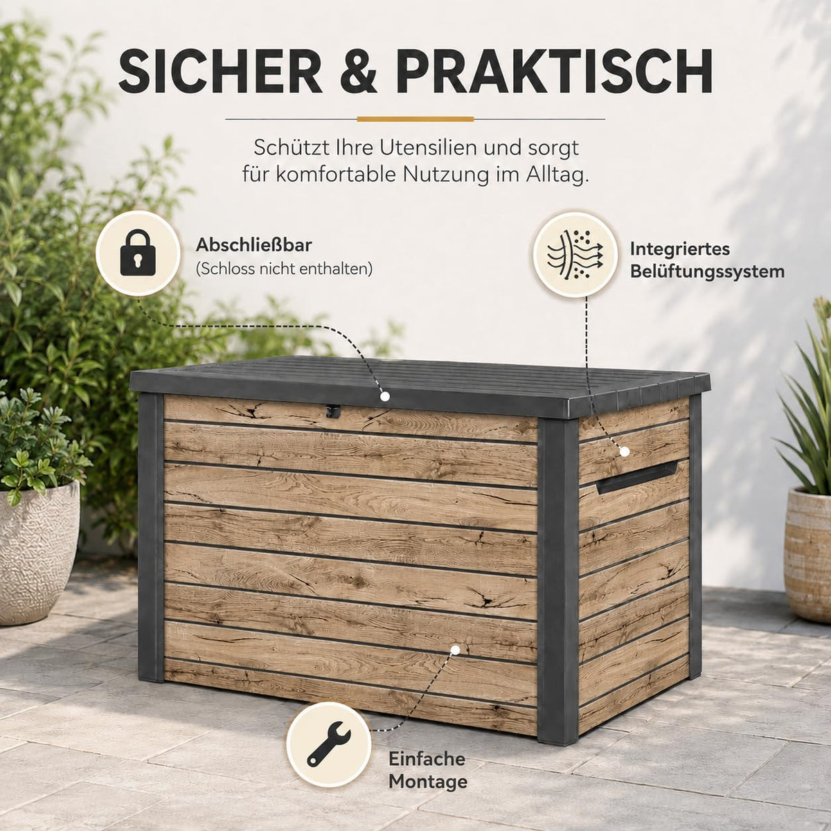 Gartenbox Ontario 870L 147x83x86 cm Kunststoff in Holzoptik Deckel mit Gasdruckfedern abschließbar