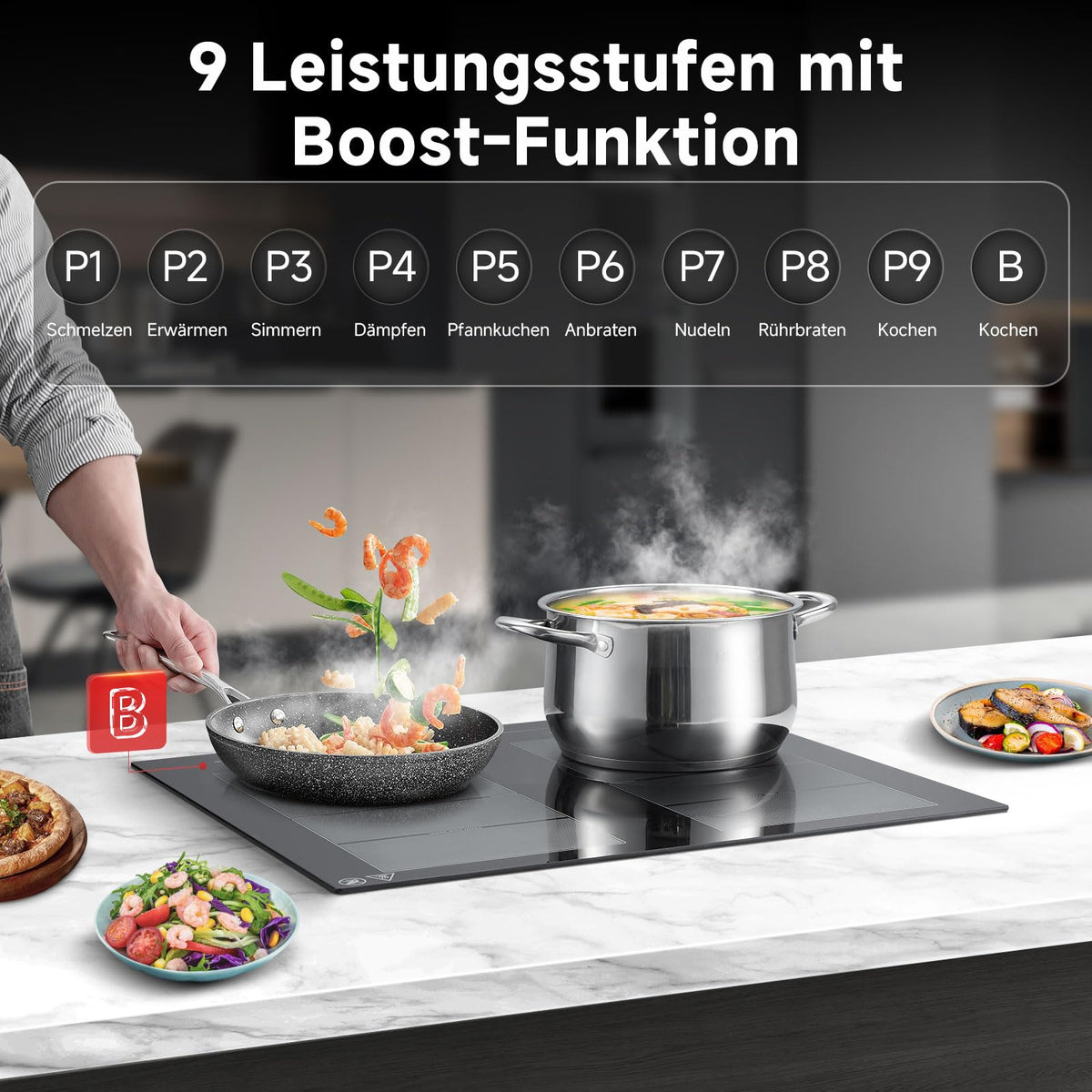 Induktionskochfeld 60 cm mit 2 Flexzonen und Booster für schnelles Aufheizen aus Glaskeramik
