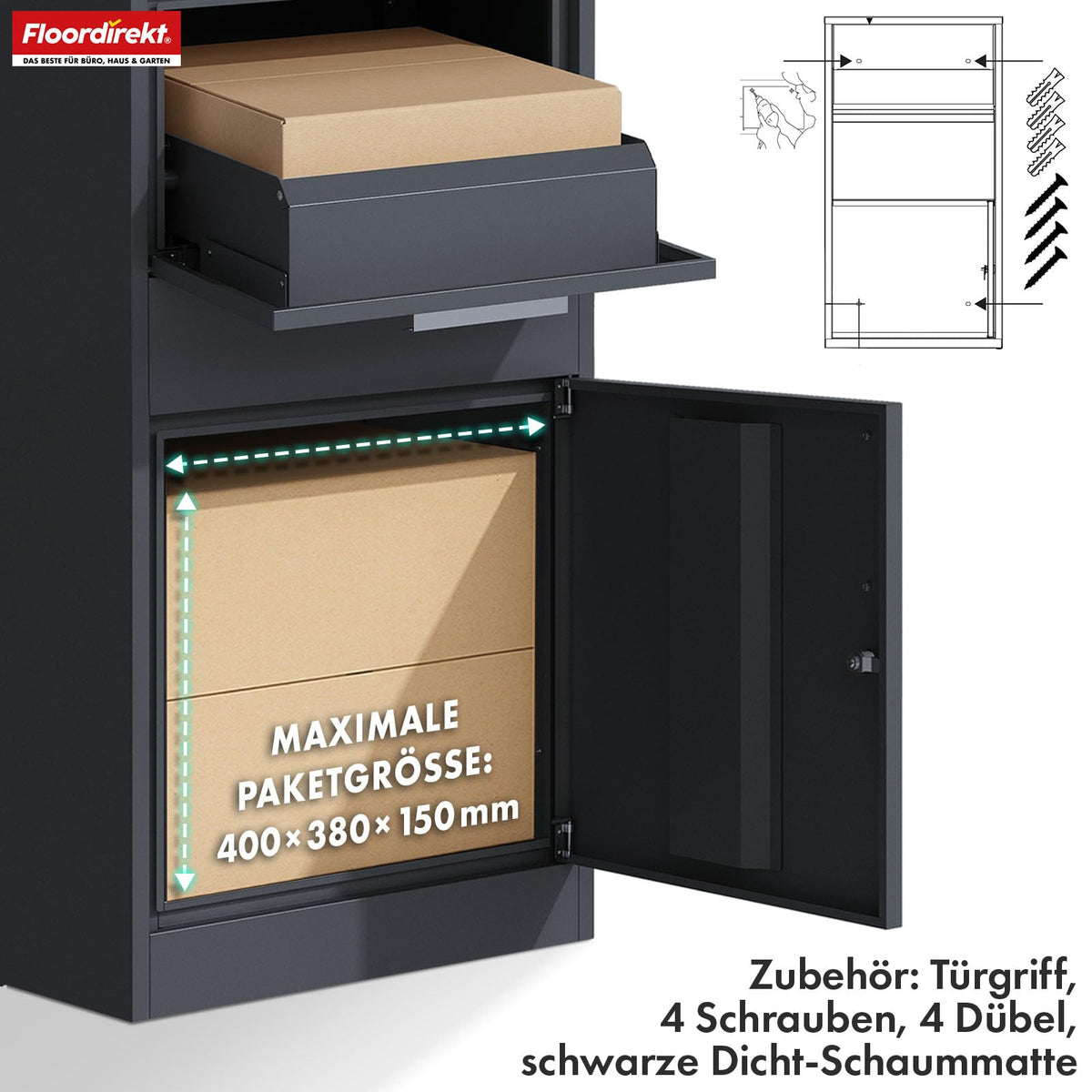 Paketbriefkasten XXL Standbriefkasten mit Paketbox und Zylinderschloss modern rostfrei massiv Postbox Francois