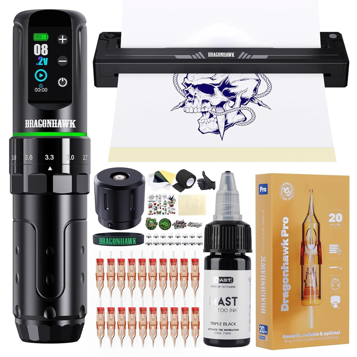 L3 Tattoo Maschine Set kabellos 2000mAh Akku 2.4 bis 4.2mm Hub Stencil Nadeldrucker und 20 Kartuschennadeln