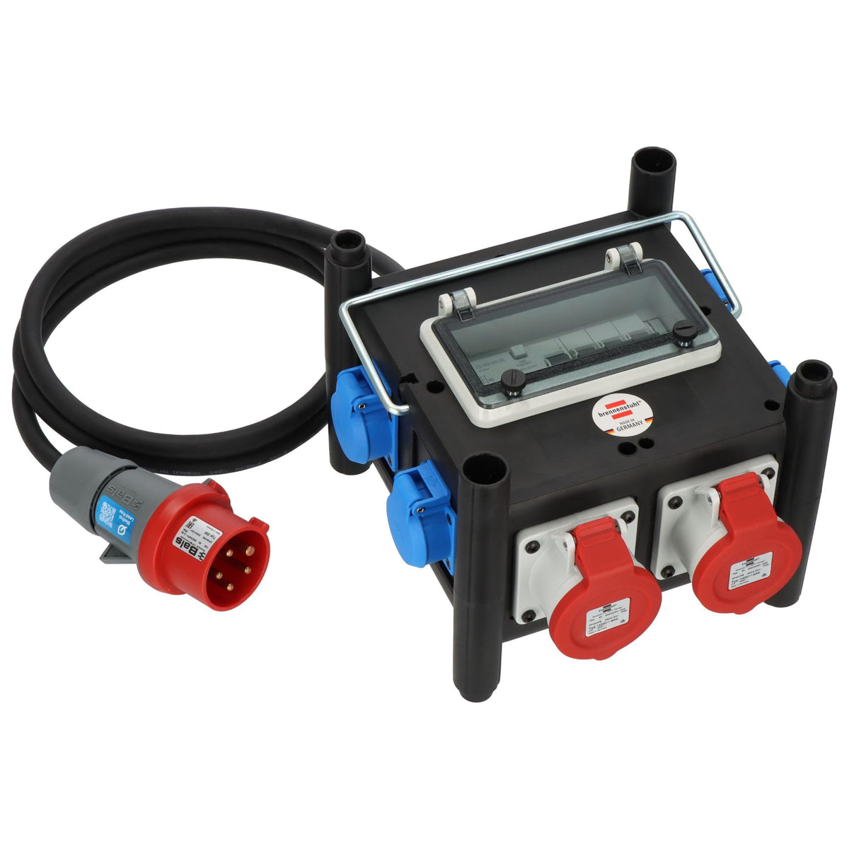 Kompakter Gummi-Stromverteiler, FI-Schalter, LS-Schalter, 2m Kabel, 2x CEE 400V/16A, 5x 230V/16A, im Freien