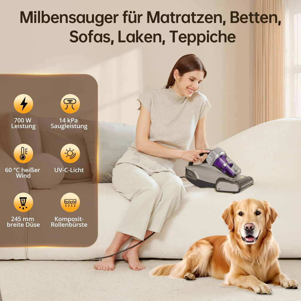 JV35 Milbensauger mit UV-C Licht 700 W Heißluftfunktion und doppeltem Zyklon für Matratzen Betten und Sofa
