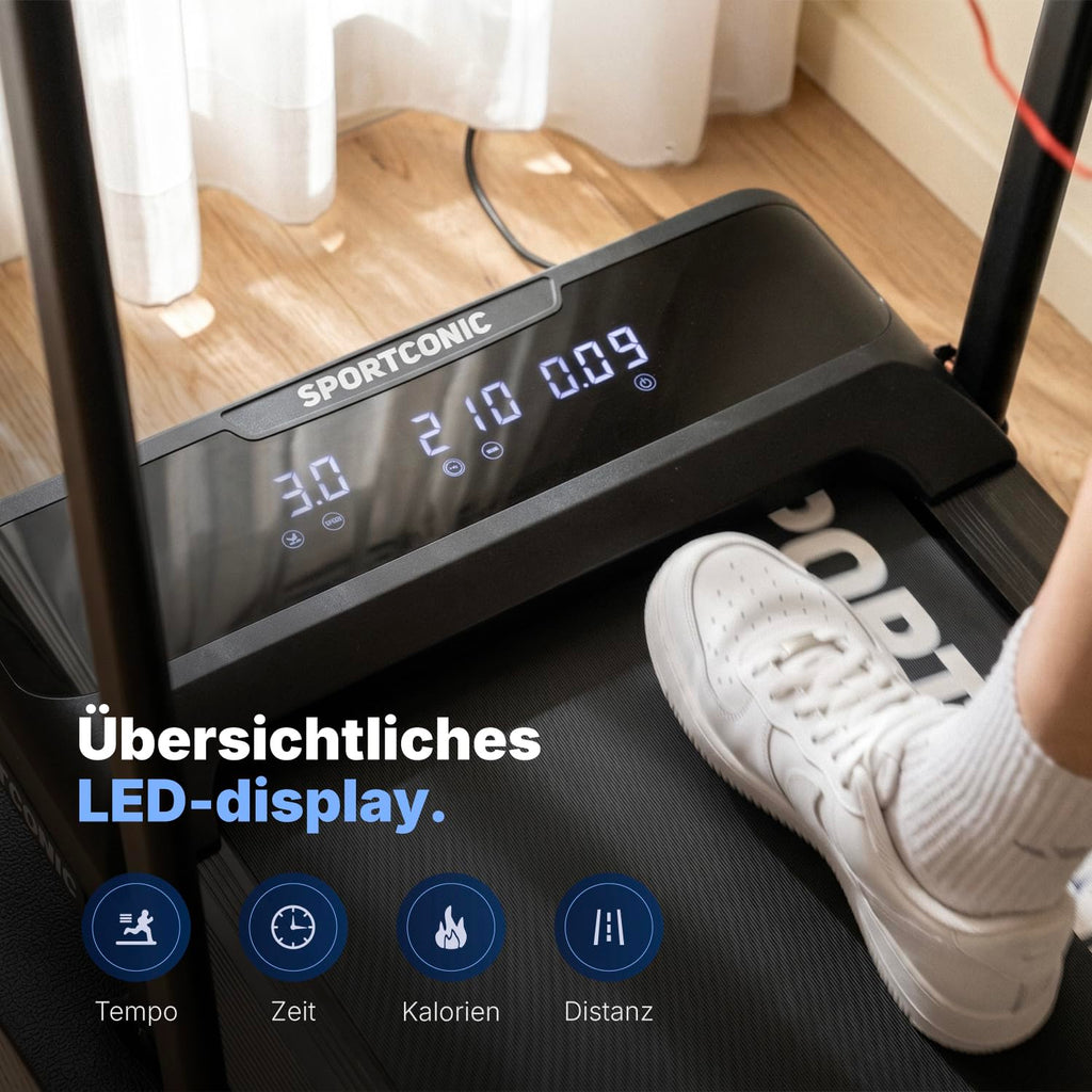 Laufband 1 bis 12 km/h elektrisch, klappbar mit Steigung und Tablethalterung, leise im Homeoffice, Walking Pad