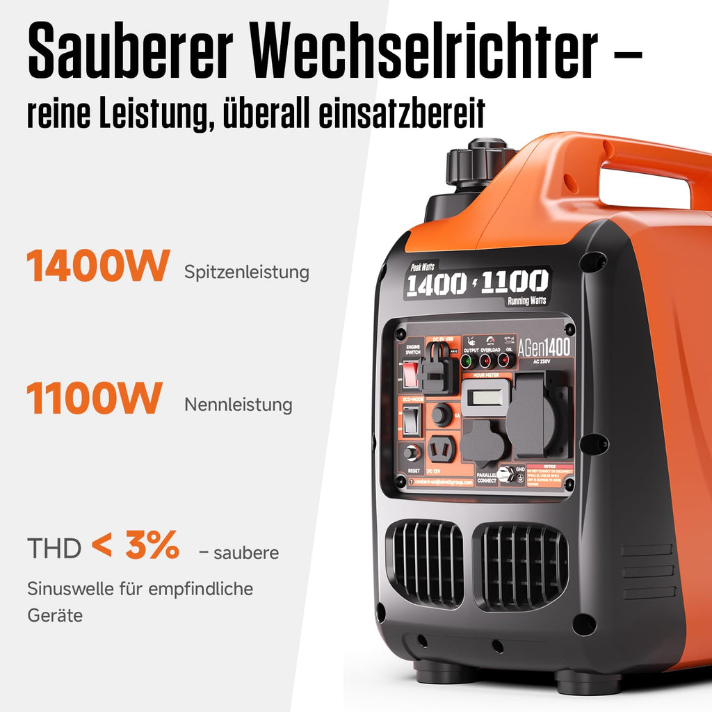 Inverter Stromerzeuger 1400 Watt Notstromaggregat tragbar leise für Camping Haushalt Baustelle