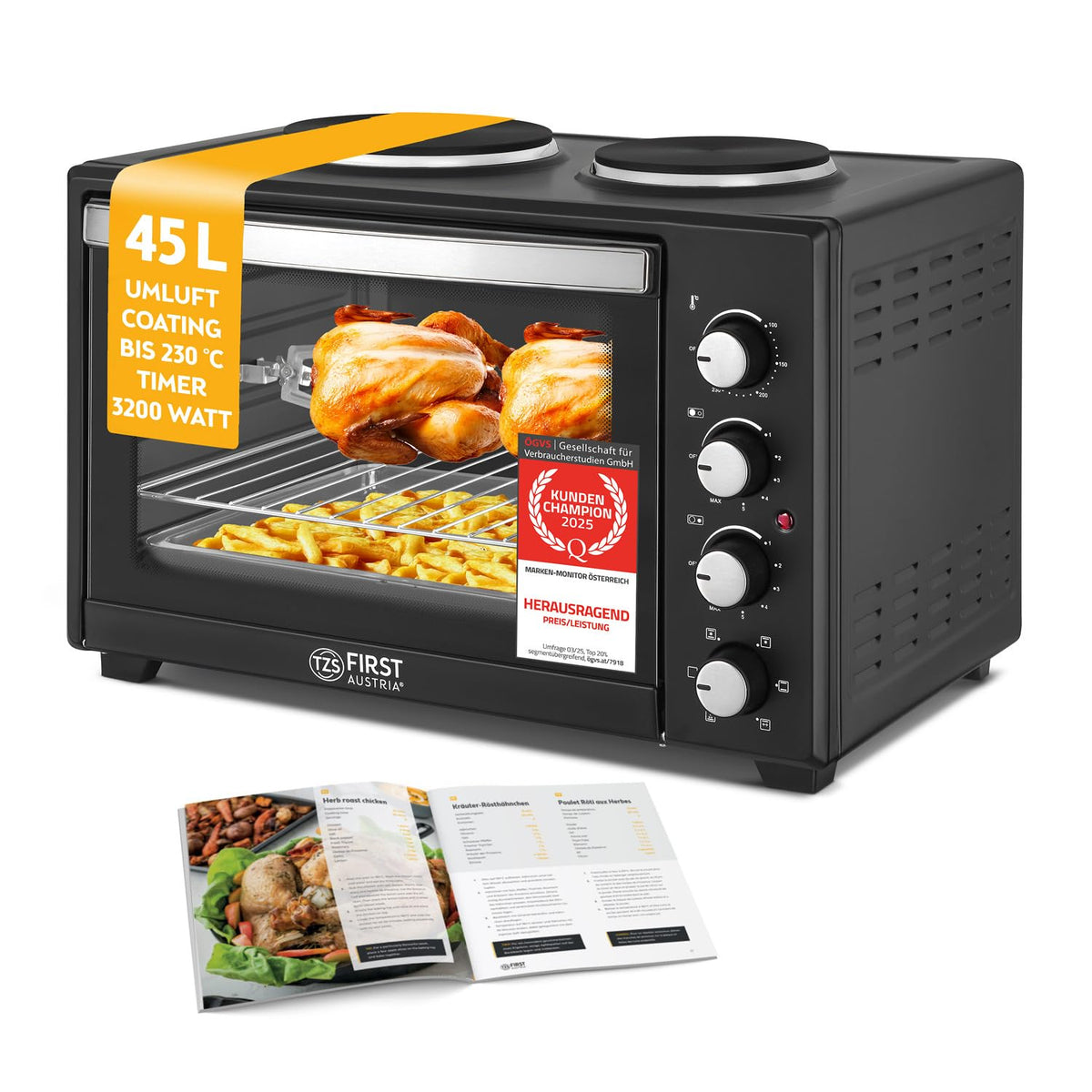 Minibackofen mit Kochplatten 45L 3200W bis 230°C Antihaftbeschichtung 4 Einschubhöhen Zubehör Energieklasse A+