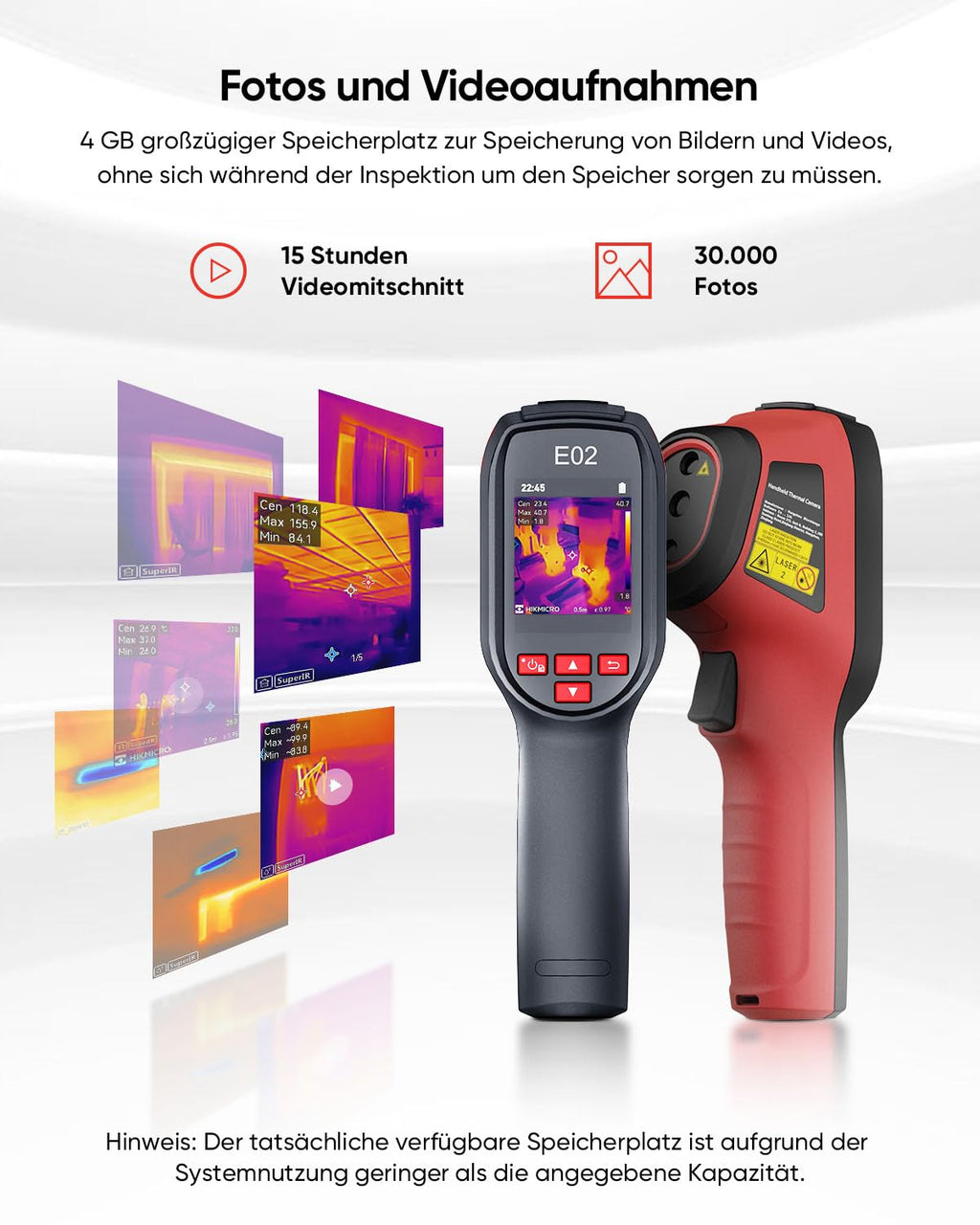 Kompakte Wärmebildkamera E02 SuperIR 240x240 20Hz Minus20°C bis 400°C mit Laserpointer und visueller Kamera