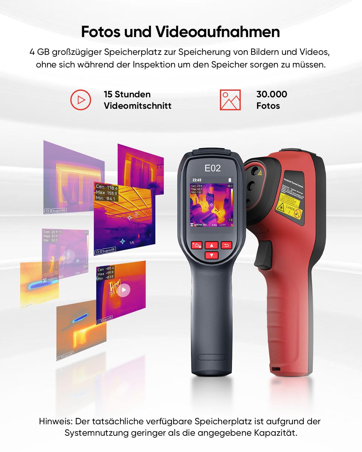 Kompakte Wärmebildkamera E02 SuperIR 240x240 20Hz Minus20°C bis 400°C mit Laserpointer und visueller Kamera
