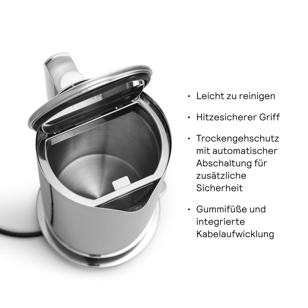 Wasserkocher aus Edelstahl 1,2 L 360 Grad drehbarer Sockel leises Kochen tropffrei mehrere Temperaturstufen