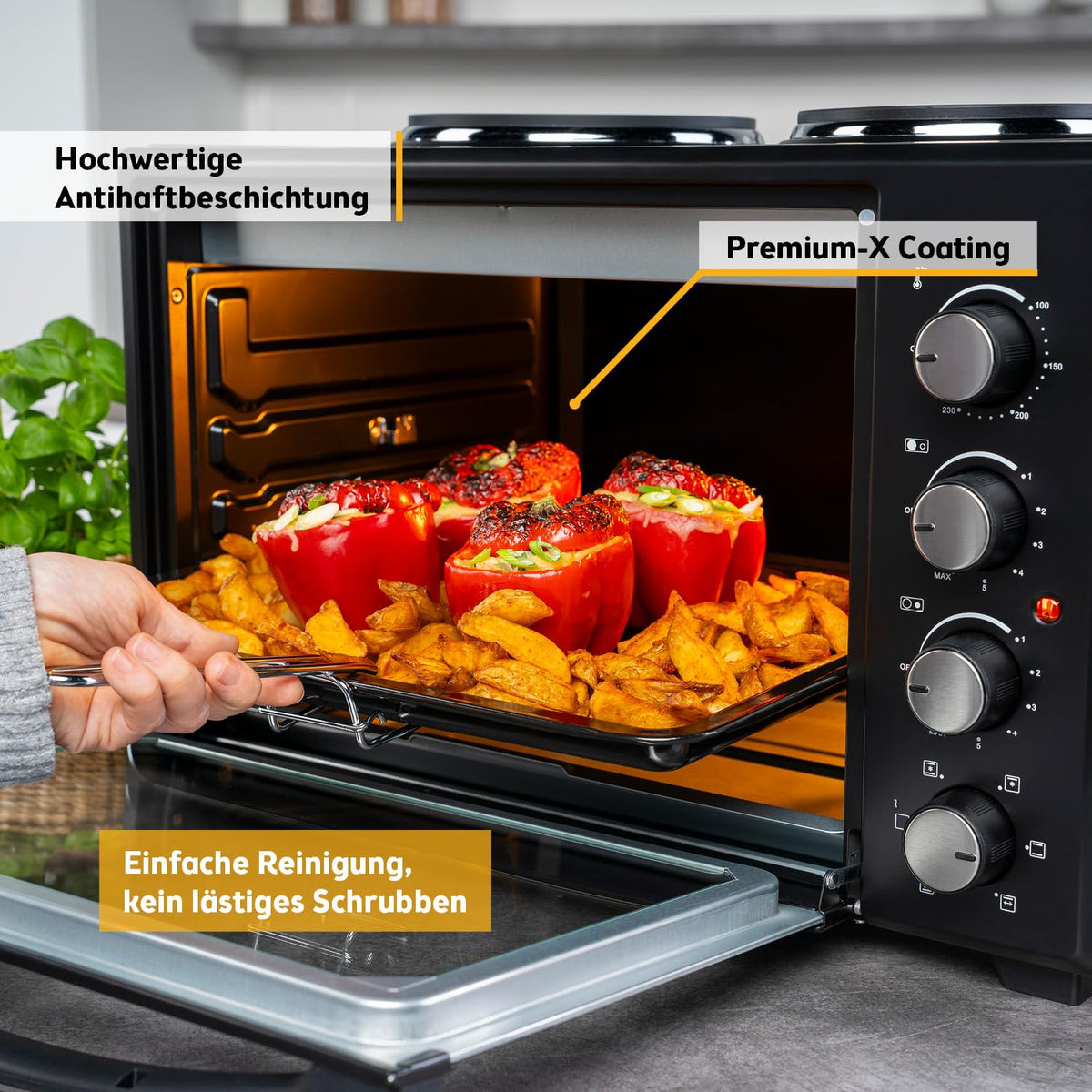 Minibackofen mit Kochplatten 45L 3200W bis 230°C Antihaftbeschichtung 4 Einschubhöhen Zubehör Energieklasse A+