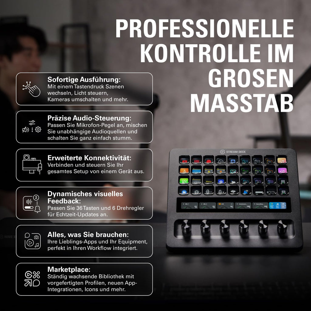 Stream Deck + XL Kontrollplattform mit Touchleiste für professionelle Steuerung von Streaming und Produktion