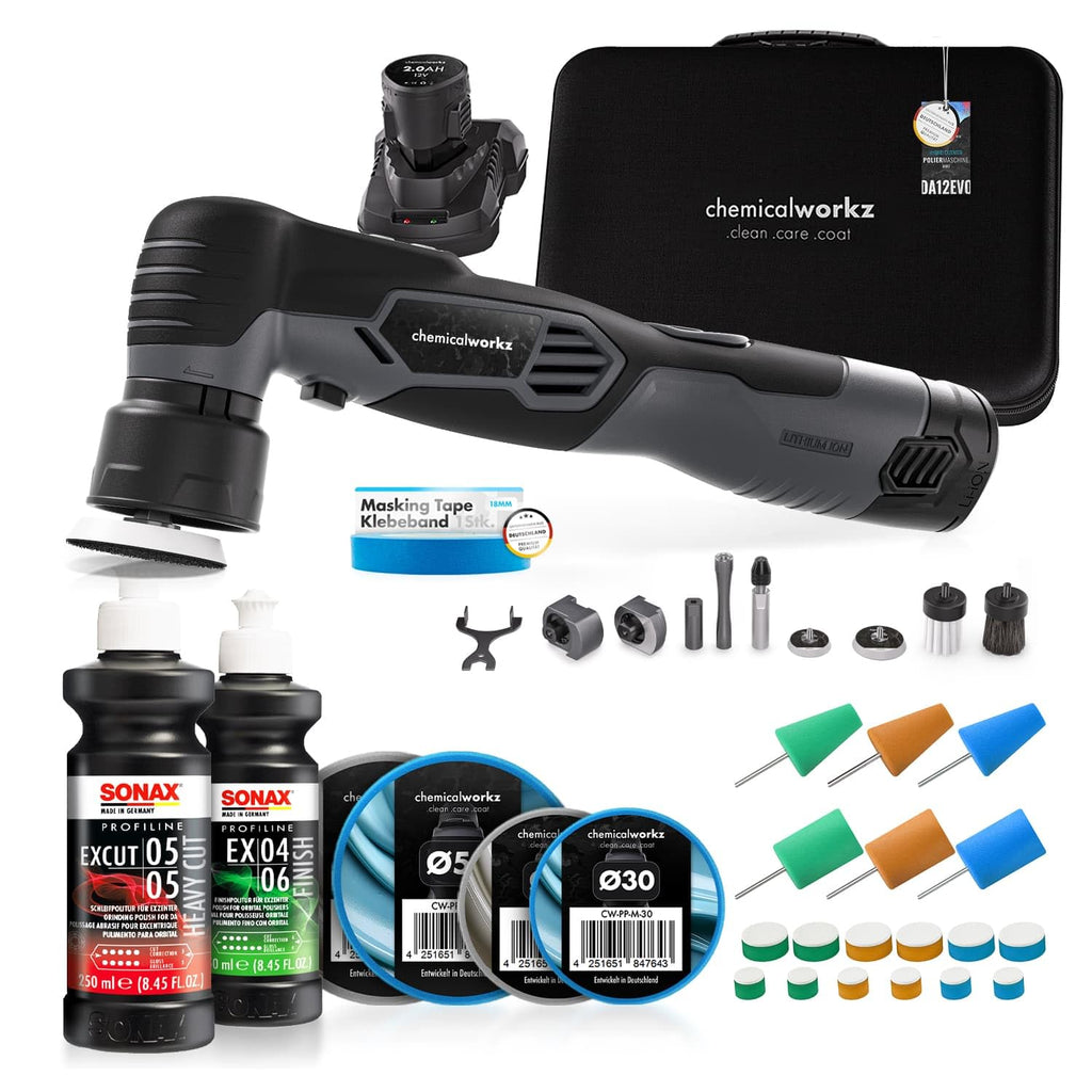 EVO Mini Akku Poliermaschine 25er Set Exzenter und Rotation Akkus Adapter Stützteller Pads Polituren Zubehör