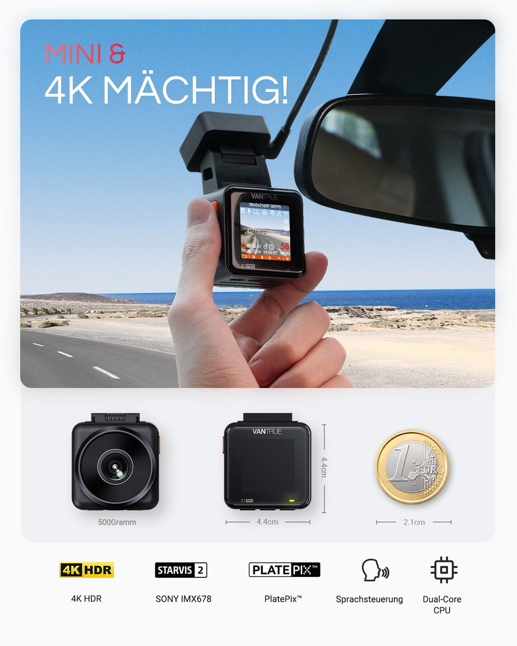E1 Pro Dashcam mit 4K HDR STARVIS 2 Sensor und CPL Filter für Auto vorne als kompakte Mini Dashcam