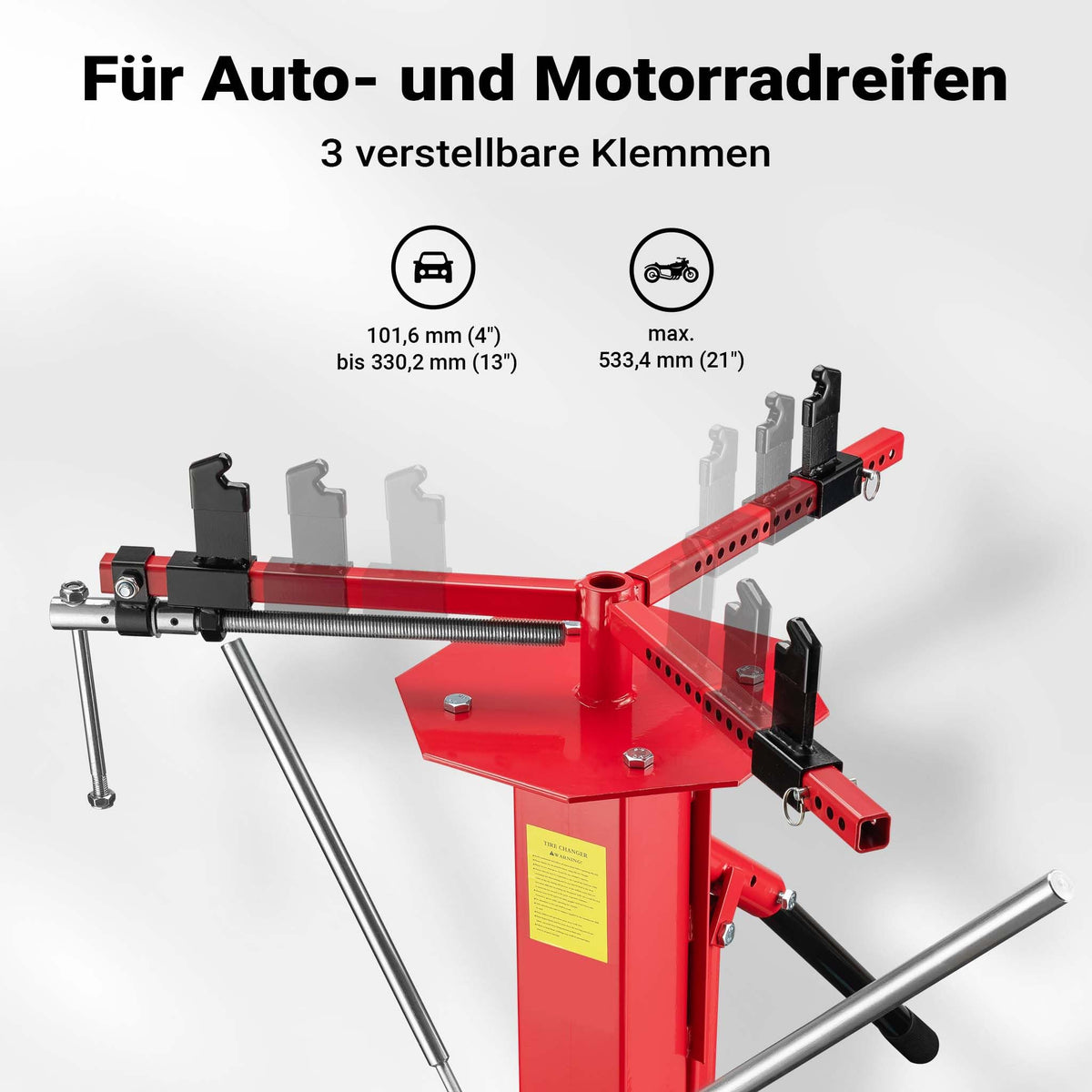 Universelles Reifenmontiergerät 4 bis 21 Zoll für Achsen Ø 12 bis 25 mm, Stahl, manuelle Montage und Demontage