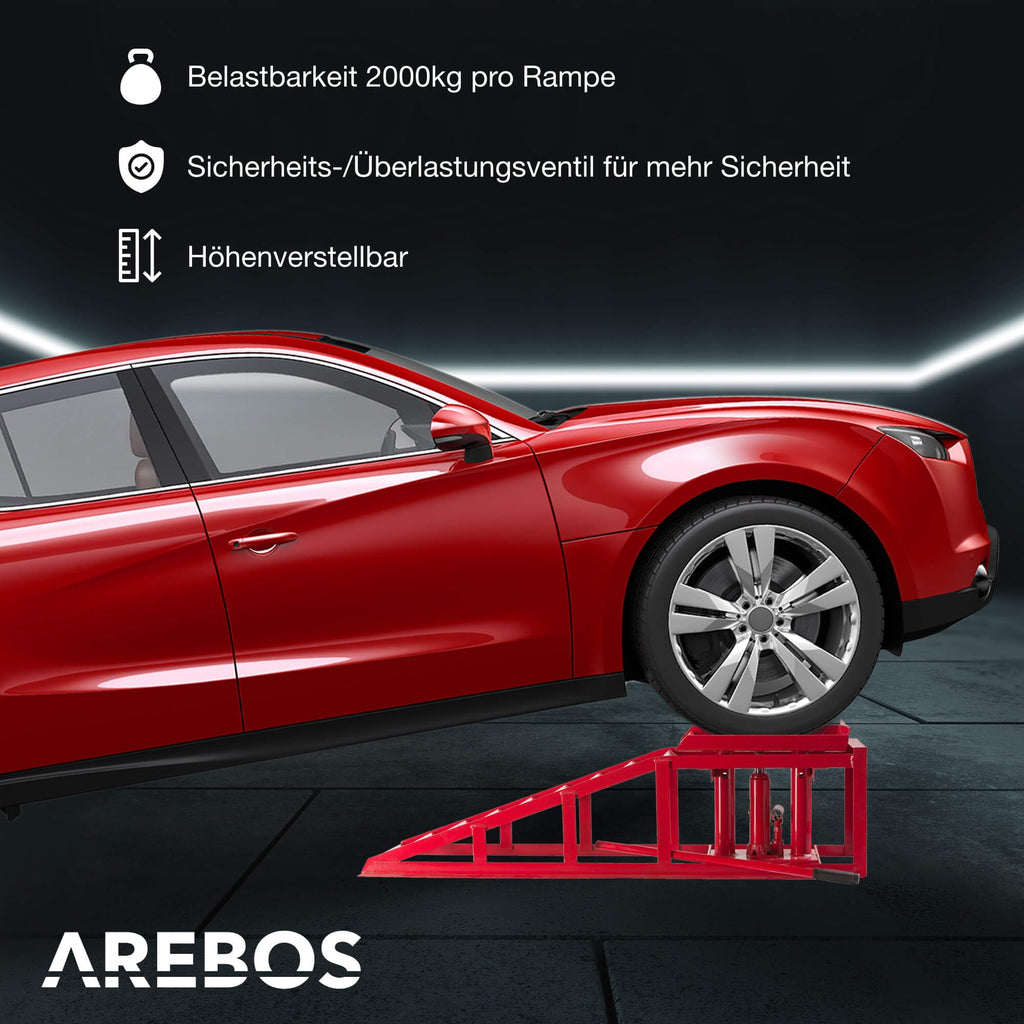 2X Auffahrrampe mit hydraulischem Wagenheber höhenverstellbar 2 Tonnen für Auto und Werkstatt