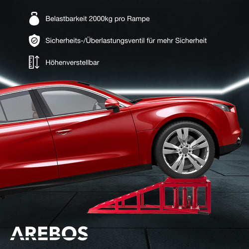 2X Auffahrrampe mit hydraulischem Wagenheber höhenverstellbar 2 Tonnen für Auto und Werkstatt